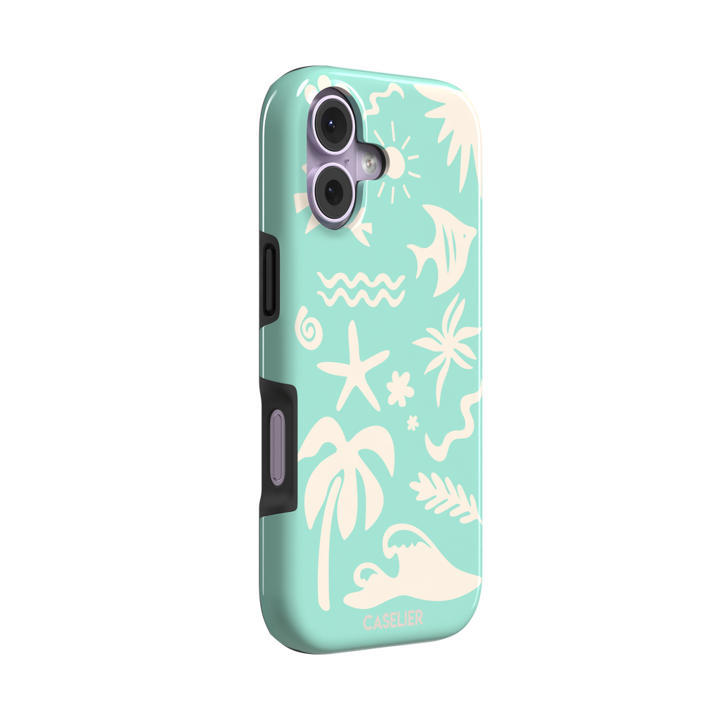 Summer Time phone case in mint green with cream tropical cutout silhouettes including palm trees, starfish, waves and a fish, phone case by Caselier — tough case, left view