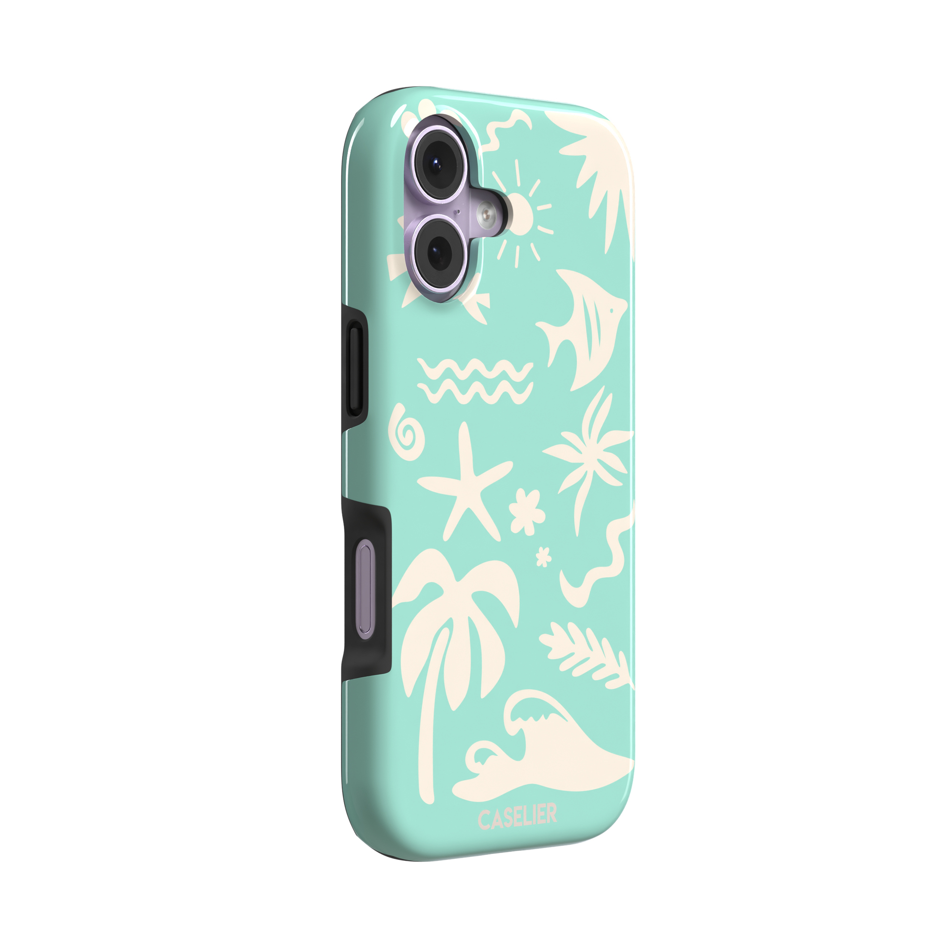 Summer Time phone case in mint green with cream tropical cutout silhouettes including palm trees, starfish, waves and a fish, phone case by Caselier — tough case, left view