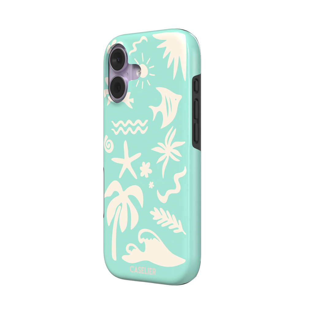 Summer Time phone case in mint green with cream tropical cutout silhouettes including palm trees, starfish, waves and a fish, phone case by Caselier — tough case, right view
