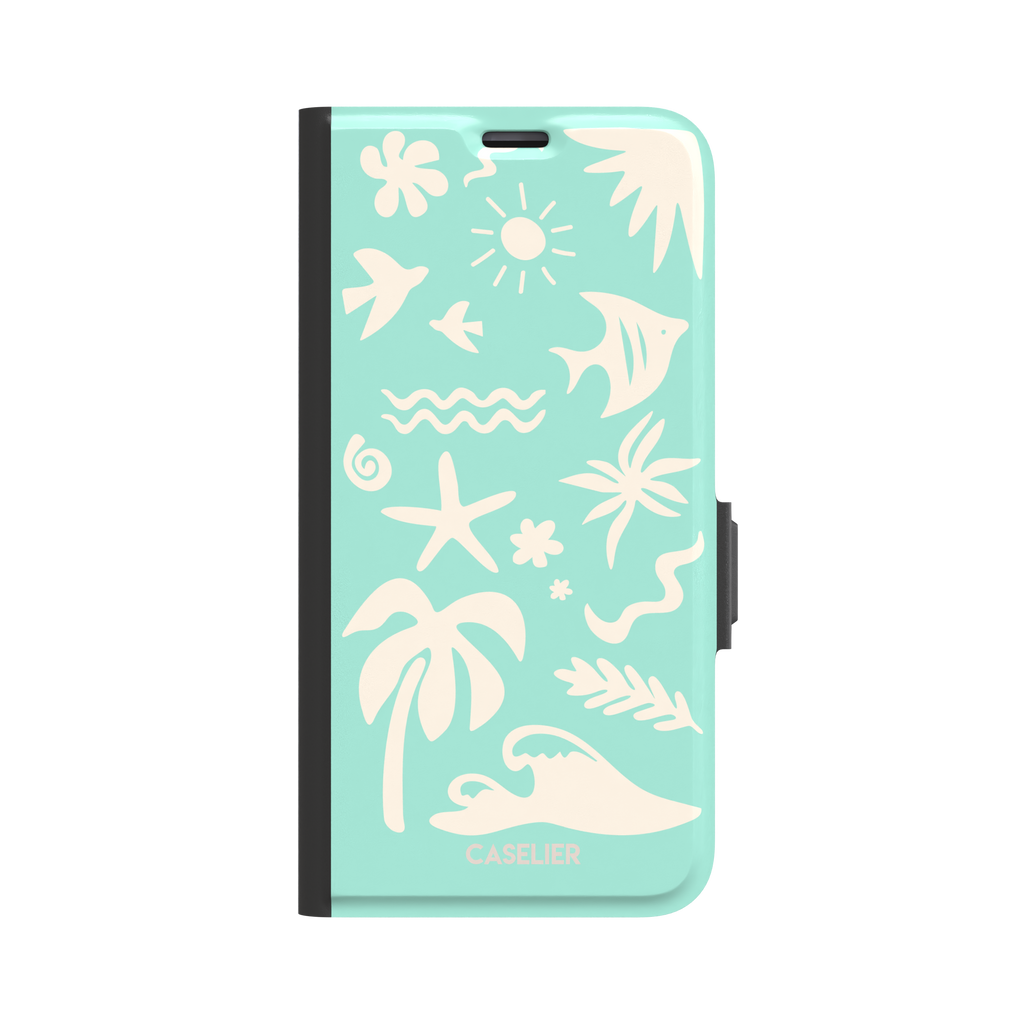 Summer Time phone case in mint green with cream tropical cutout silhouettes including palm trees, starfish, waves and a fish, phone case by Caselier — wallet case, front view