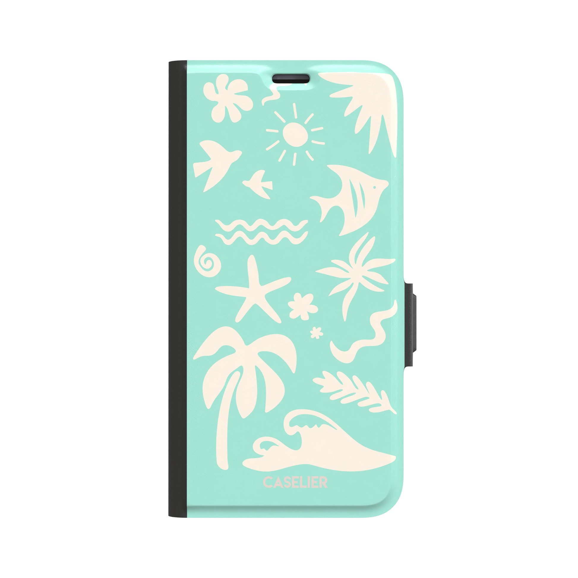Summer Time phone case in mint green with cream tropical cutout silhouettes including palm trees, starfish, waves and a fish, phone case by Caselier — wallet case, front view