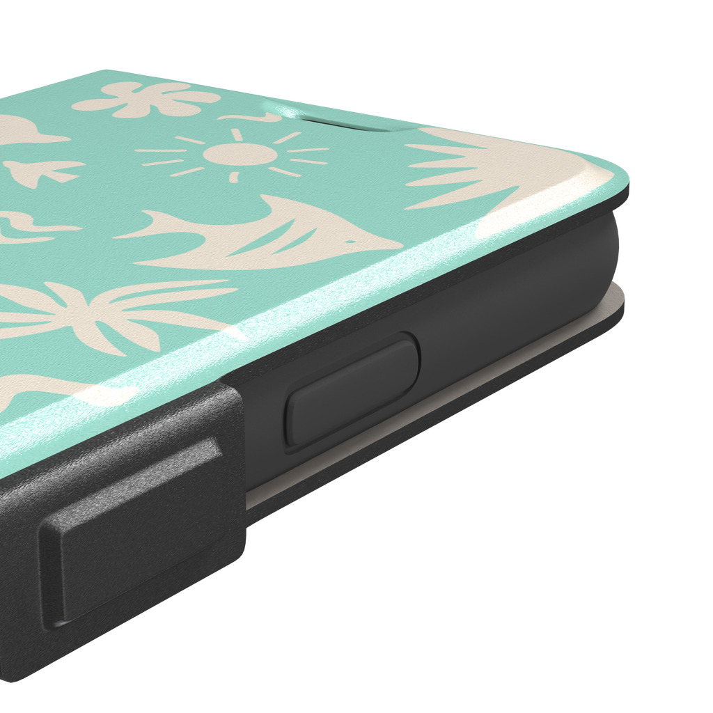 Summer Time phone case in mint green with cream tropical cutout silhouettes including palm trees, starfish, waves and a fish, phone case by Caselier — wallet case, volume buttons detail