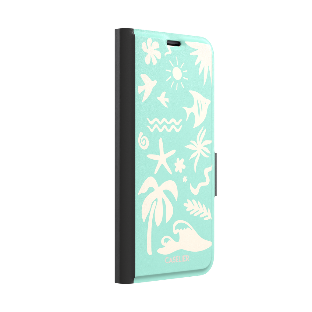 Summer Time phone case in mint green with cream tropical cutout silhouettes including palm trees, starfish, waves and a fish, phone case by Caselier — wallet case, left view
