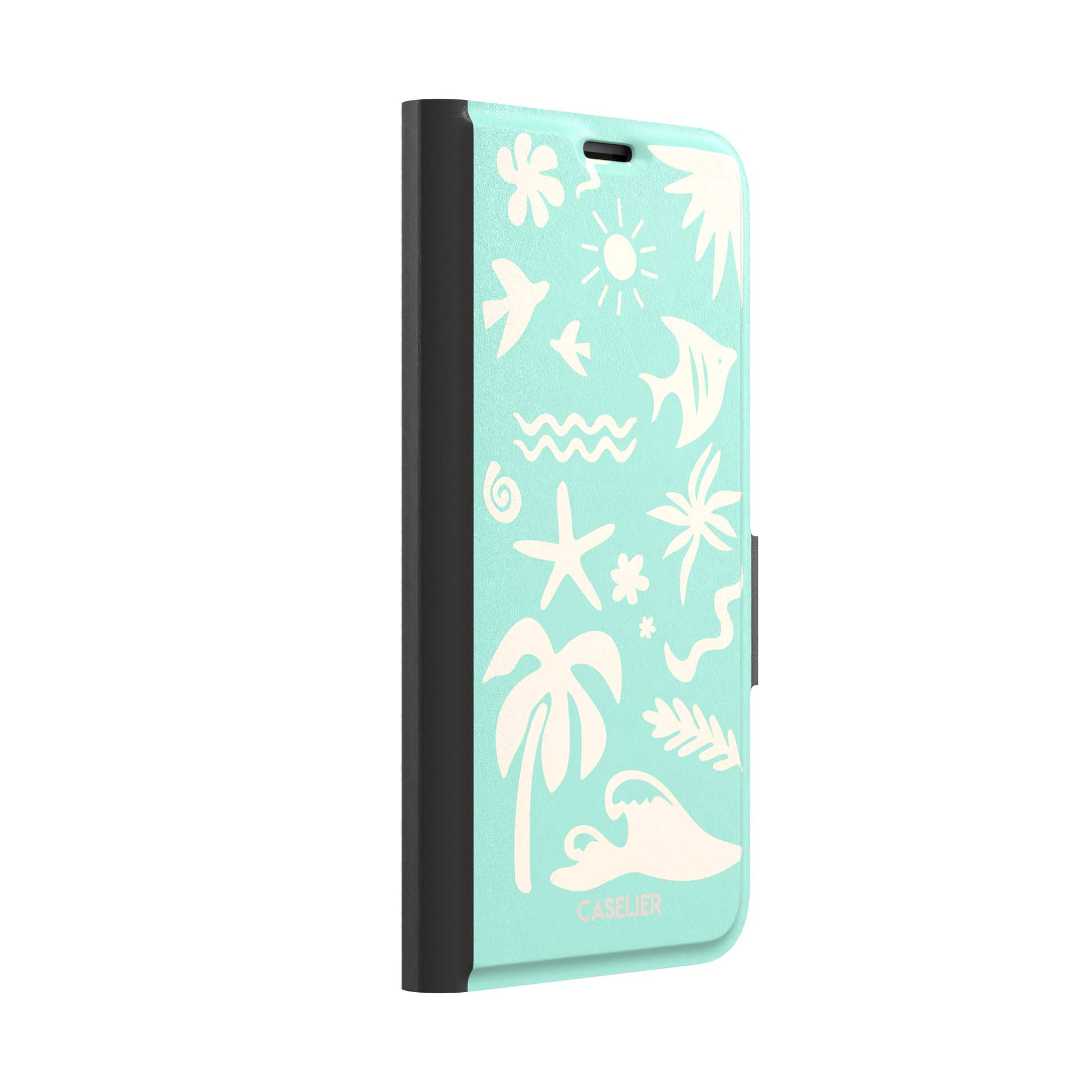 Summer Time phone case in mint green with cream tropical cutout silhouettes including palm trees, starfish, waves and a fish, phone case by Caselier — wallet case, left view