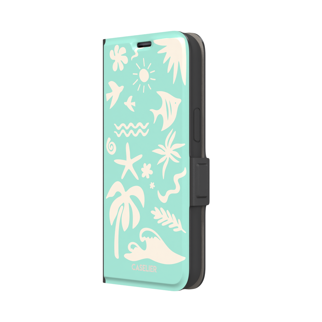 Summer Time phone case in mint green with cream tropical cutout silhouettes including palm trees, starfish, waves and a fish, phone case by Caselier — wallet case, right view