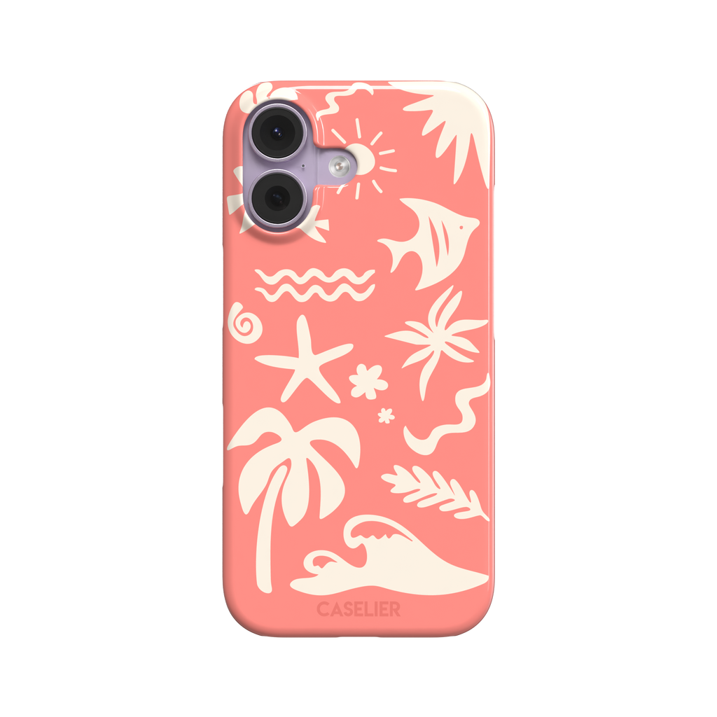 Summer Time phone case in coral pink with cream tropical cutout silhouettes including palm trees, starfish, waves and a fish, phone case by Caselier — snap case, front view