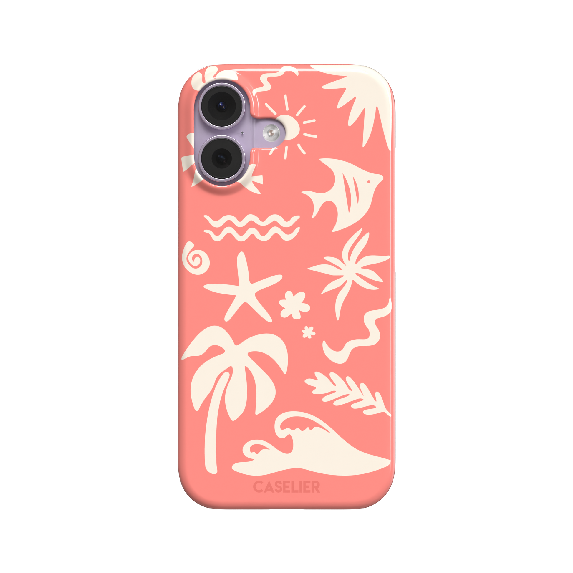Summer Time phone case in coral pink with cream tropical cutout silhouettes including palm trees, starfish, waves and a fish, phone case by Caselier — snap case, front view