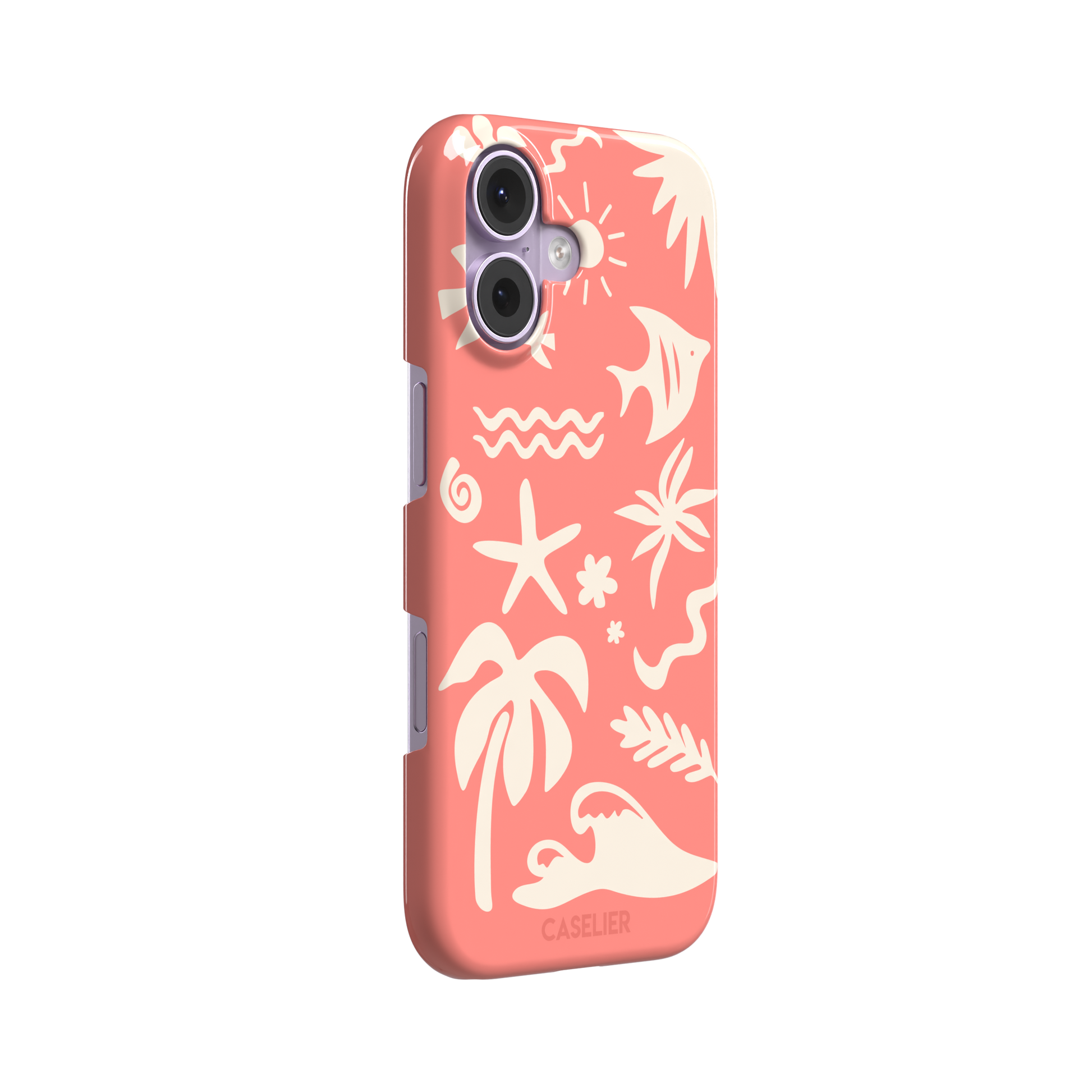Summer Time phone case in coral pink with cream tropical cutout silhouettes including palm trees, starfish, waves and a fish, phone case by Caselier — snap case, left view