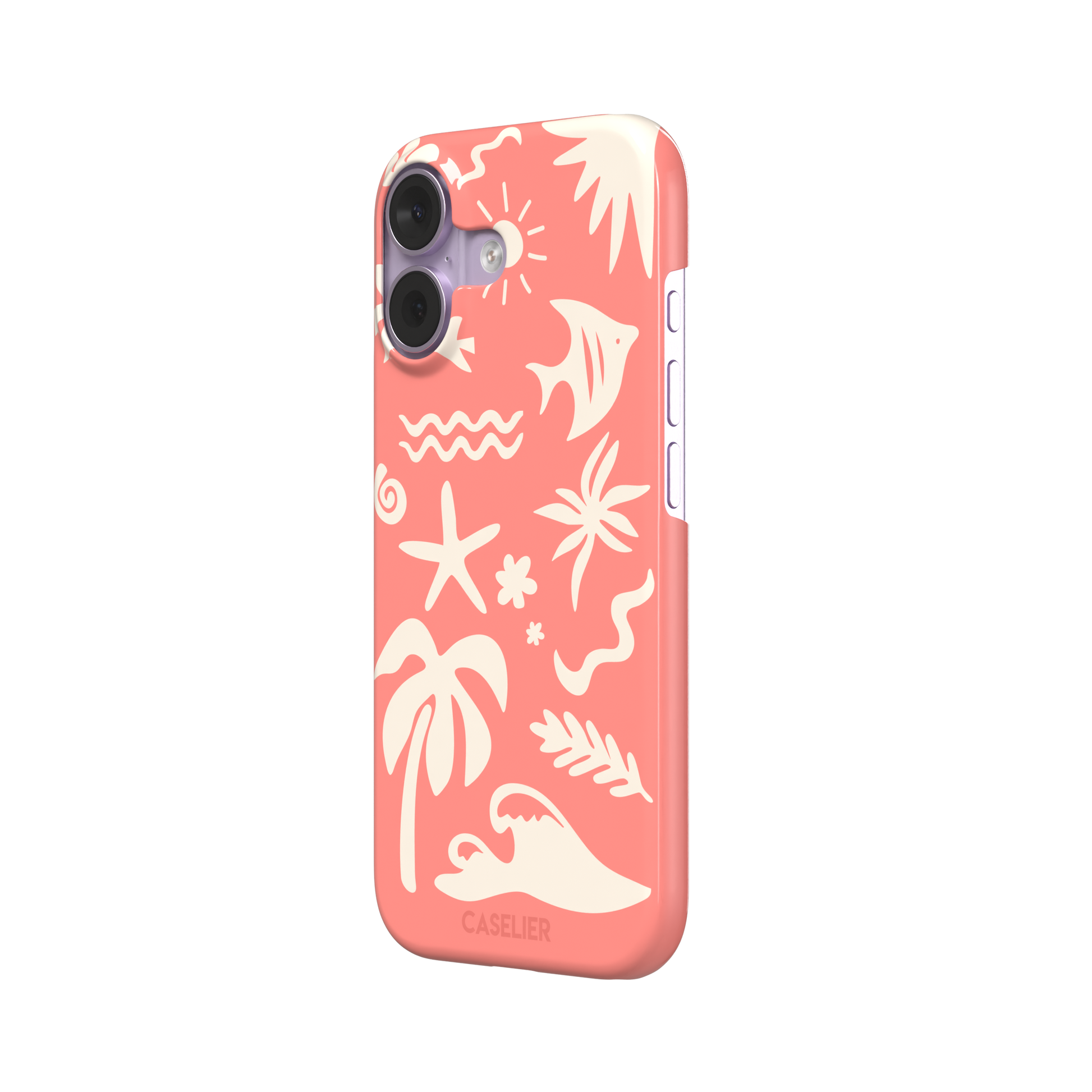 Summer Time phone case in coral pink with cream tropical cutout silhouettes including palm trees, starfish, waves and a fish, phone case by Caselier — snap case, right view