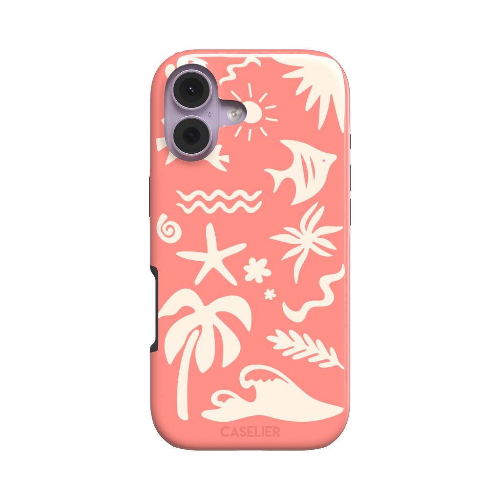 Summer Time phone case in coral pink with cream tropical cutout silhouettes including palm trees, starfish, waves and a fish, phone case by Caselier — tough case, front view