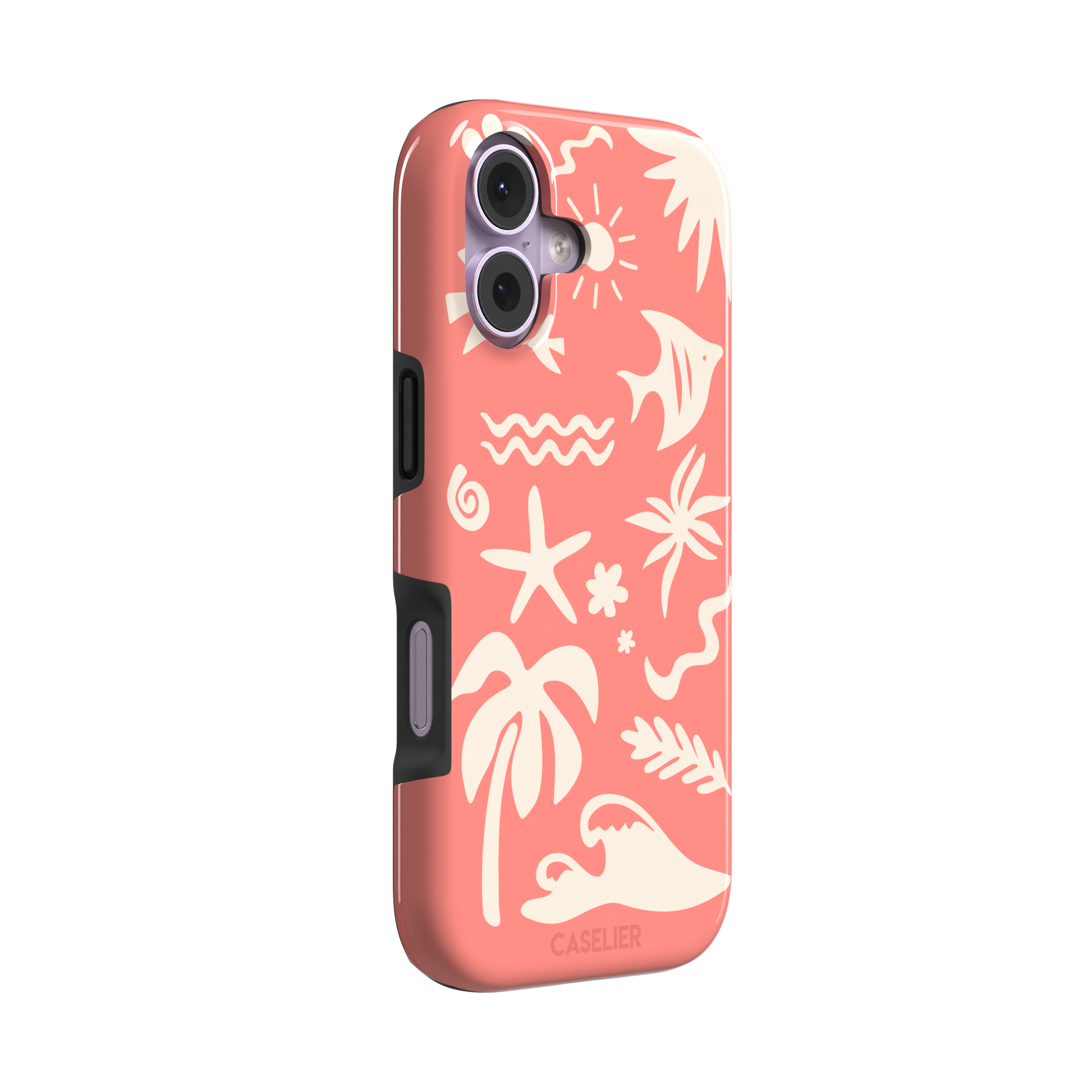 Summer Time phone case in coral pink with cream tropical cutout silhouettes including palm trees, starfish, waves and a fish, phone case by Caselier — tough case, left view