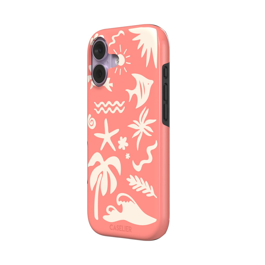 Summer Time phone case in coral pink with cream tropical cutout silhouettes including palm trees, starfish, waves and a fish, phone case by Caselier — tough case, right view