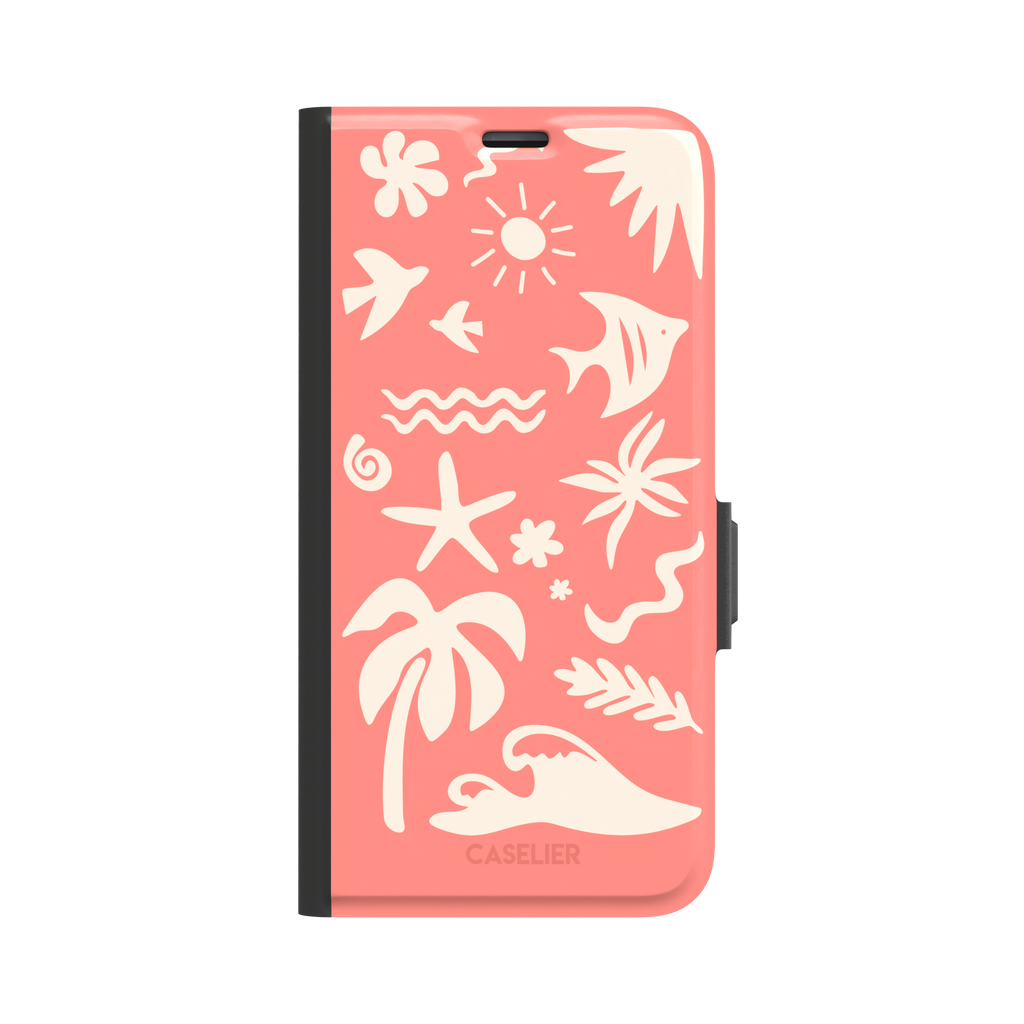 Summer Time phone case in coral pink with cream tropical cutout silhouettes including palm trees, starfish, waves and a fish, phone case by Caselier — wallet case, front view