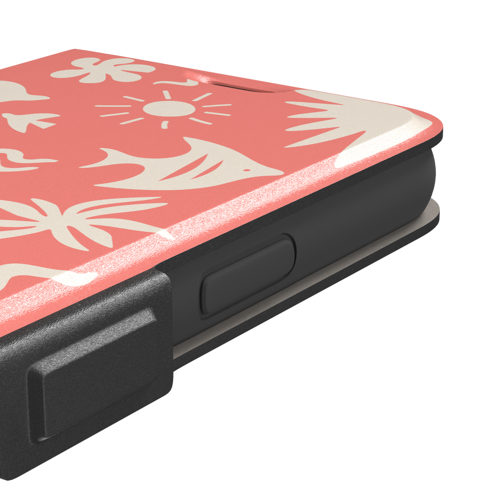 Summer Time phone case in coral pink with cream tropical cutout silhouettes including palm trees, starfish, waves and a fish, phone case by Caselier — wallet case, volume buttons detail
