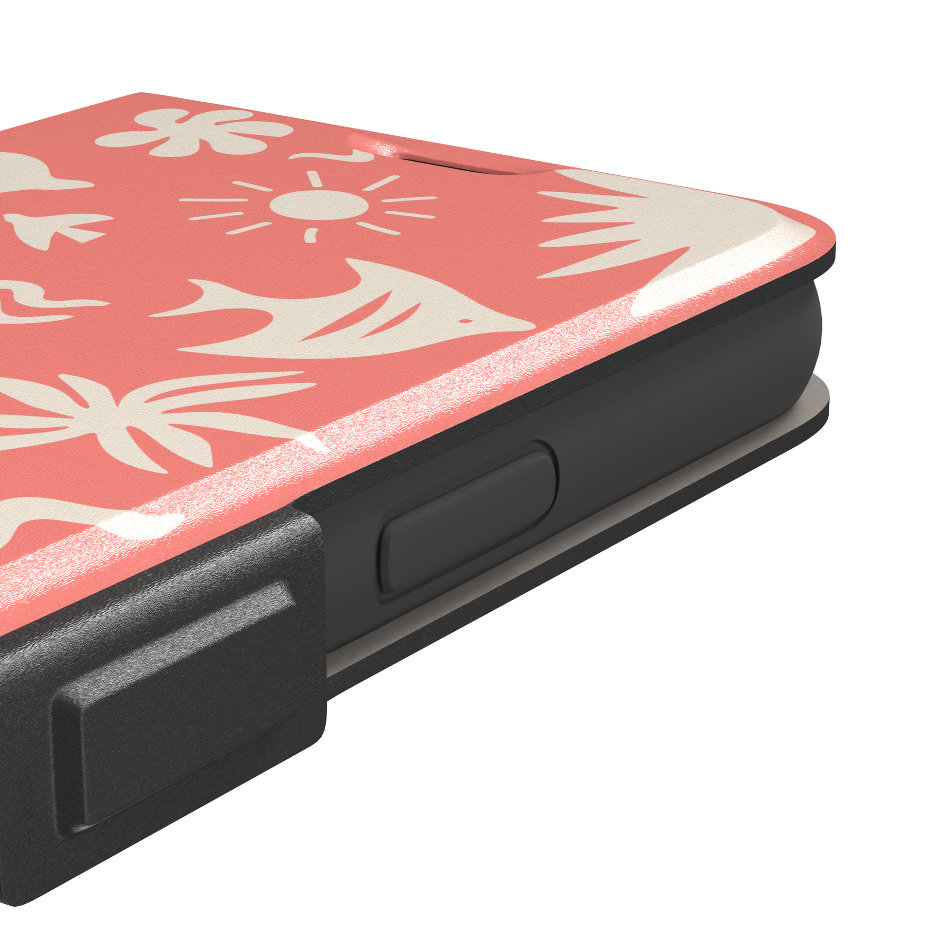 Summer Time phone case in coral pink with cream tropical cutout silhouettes including palm trees, starfish, waves and a fish, phone case by Caselier — wallet case, volume buttons detail