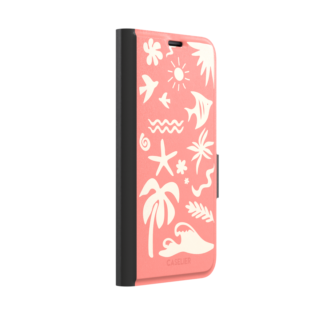 Summer Time phone case in coral pink with cream tropical cutout silhouettes including palm trees, starfish, waves and a fish, phone case by Caselier — wallet case, left view