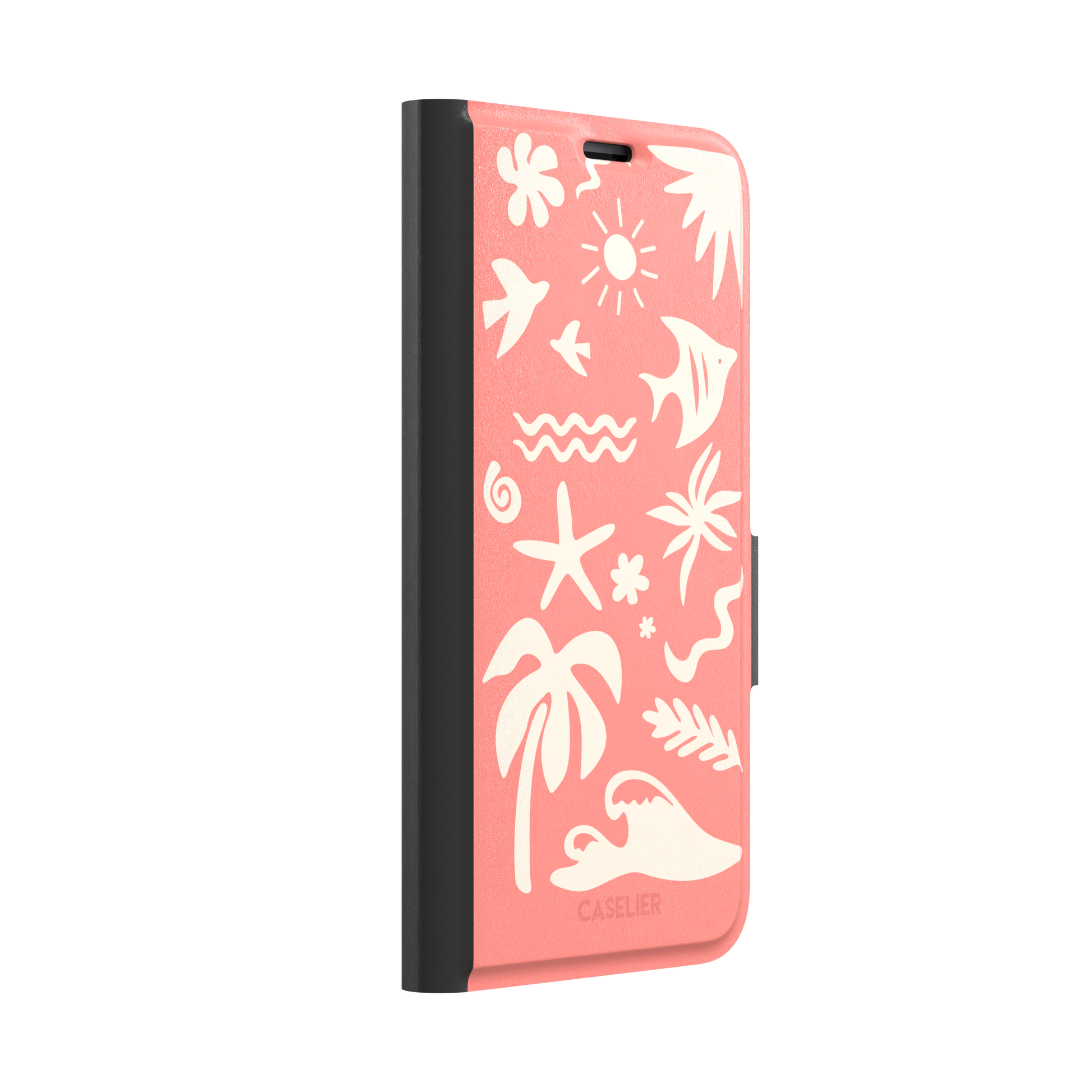 Summer Time phone case in coral pink with cream tropical cutout silhouettes including palm trees, starfish, waves and a fish, phone case by Caselier — wallet case, left view