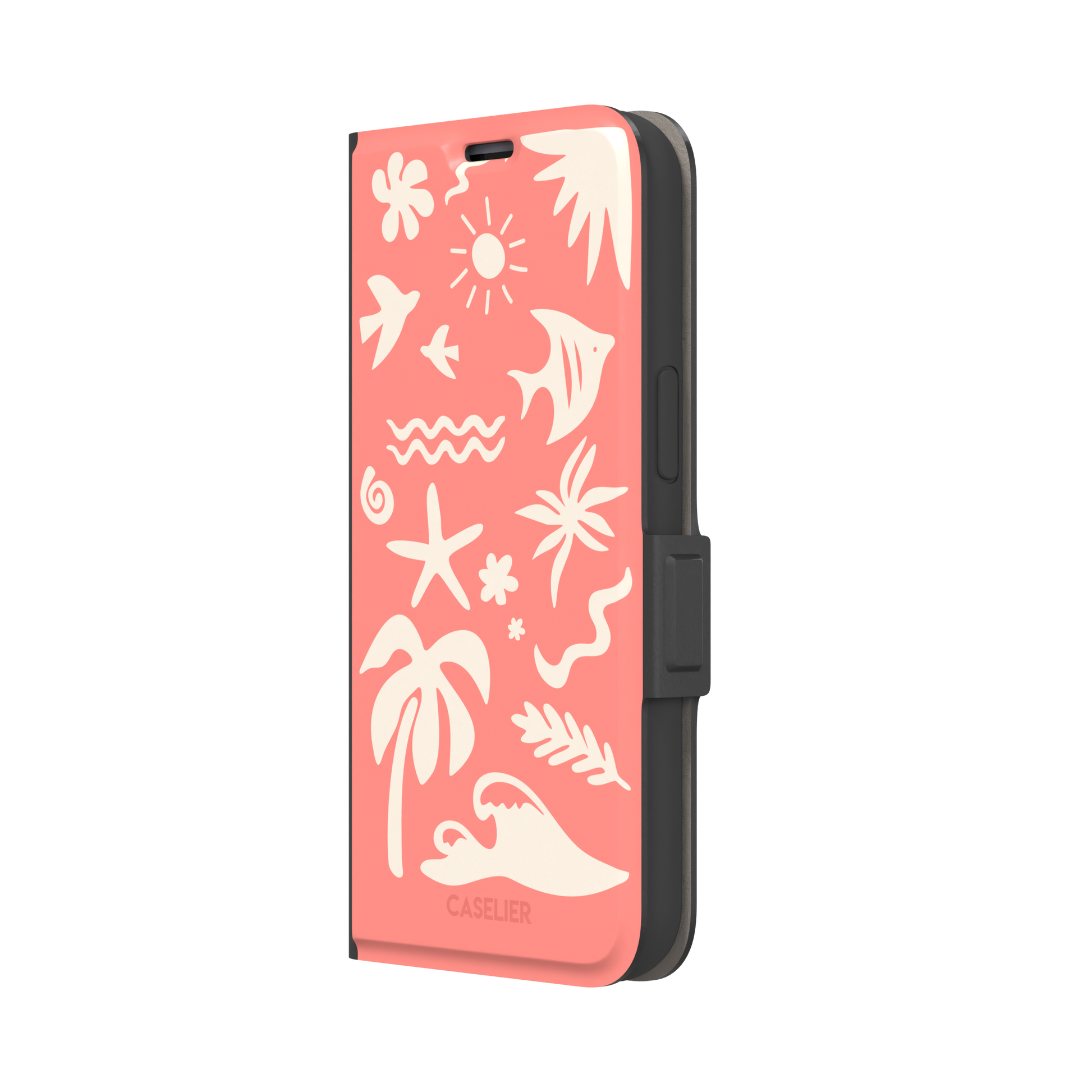 Summer Time phone case in coral pink with cream tropical cutout silhouettes including palm trees, starfish, waves and a fish, phone case by Caselier — wallet case, right view