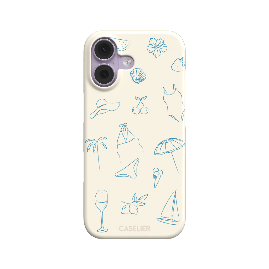 Summer Vibes phone case in all-blue monochrome line-art variant, showing the same beach doodle pattern — hibiscus, sun hat, bikini, wine glass and sailboat — in blue on cream, phone case by Caselier — snap case, front view