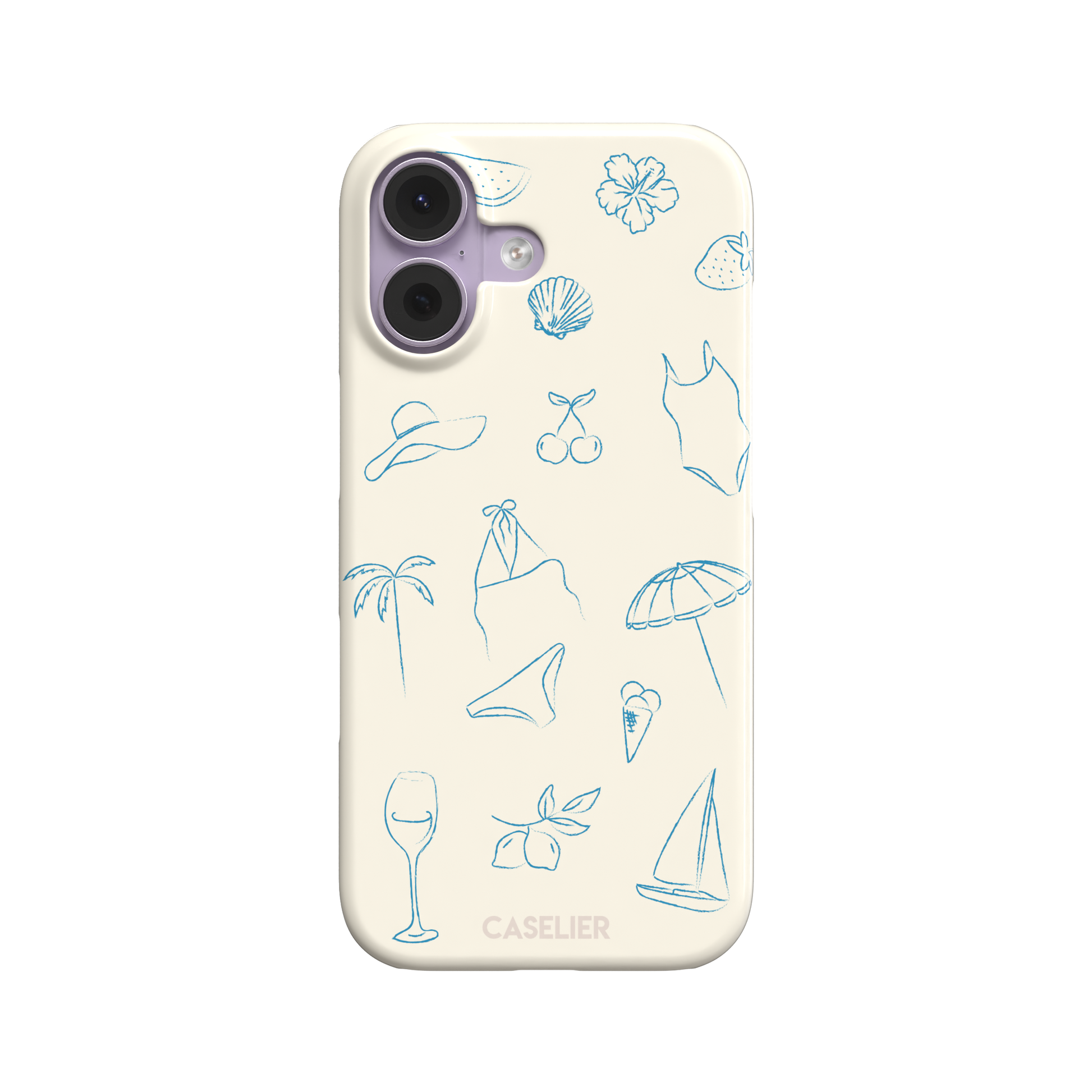 Summer Vibes phone case in all-blue monochrome line-art variant, showing the same beach doodle pattern — hibiscus, sun hat, bikini, wine glass and sailboat — in blue on cream, phone case by Caselier — snap case, front view