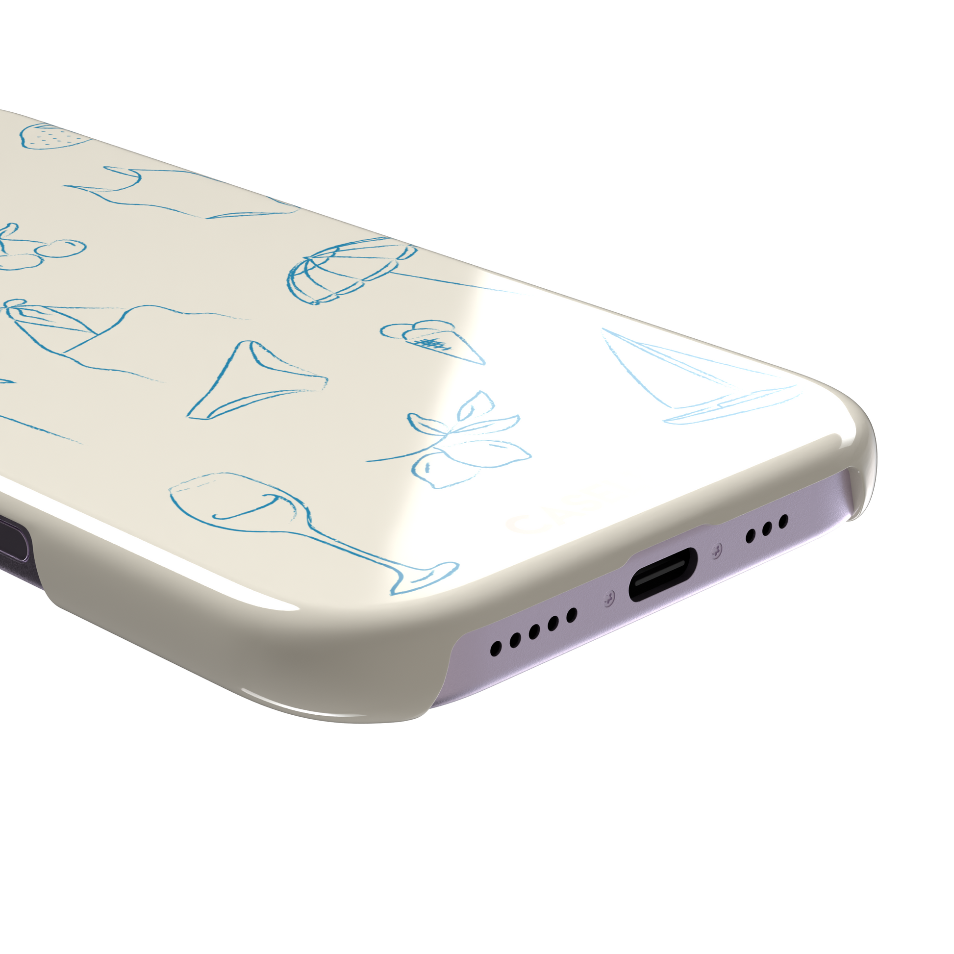 Summer Vibes phone case in all-blue monochrome line-art variant, showing the same beach doodle pattern — hibiscus, sun hat, bikini, wine glass and sailboat — in blue on cream, phone case by Caselier — snap case, charging port detail