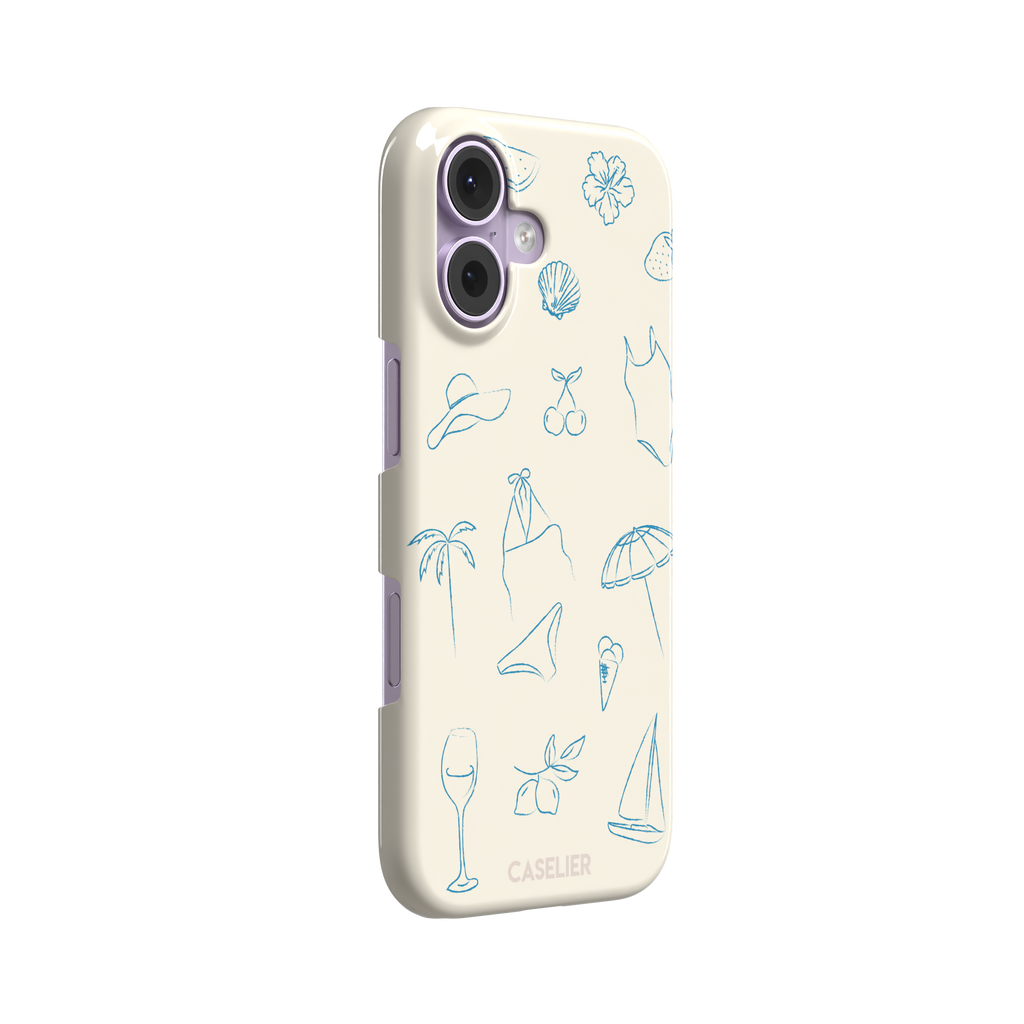 Summer Vibes phone case in all-blue monochrome line-art variant, showing the same beach doodle pattern — hibiscus, sun hat, bikini, wine glass and sailboat — in blue on cream, phone case by Caselier — snap case, left view