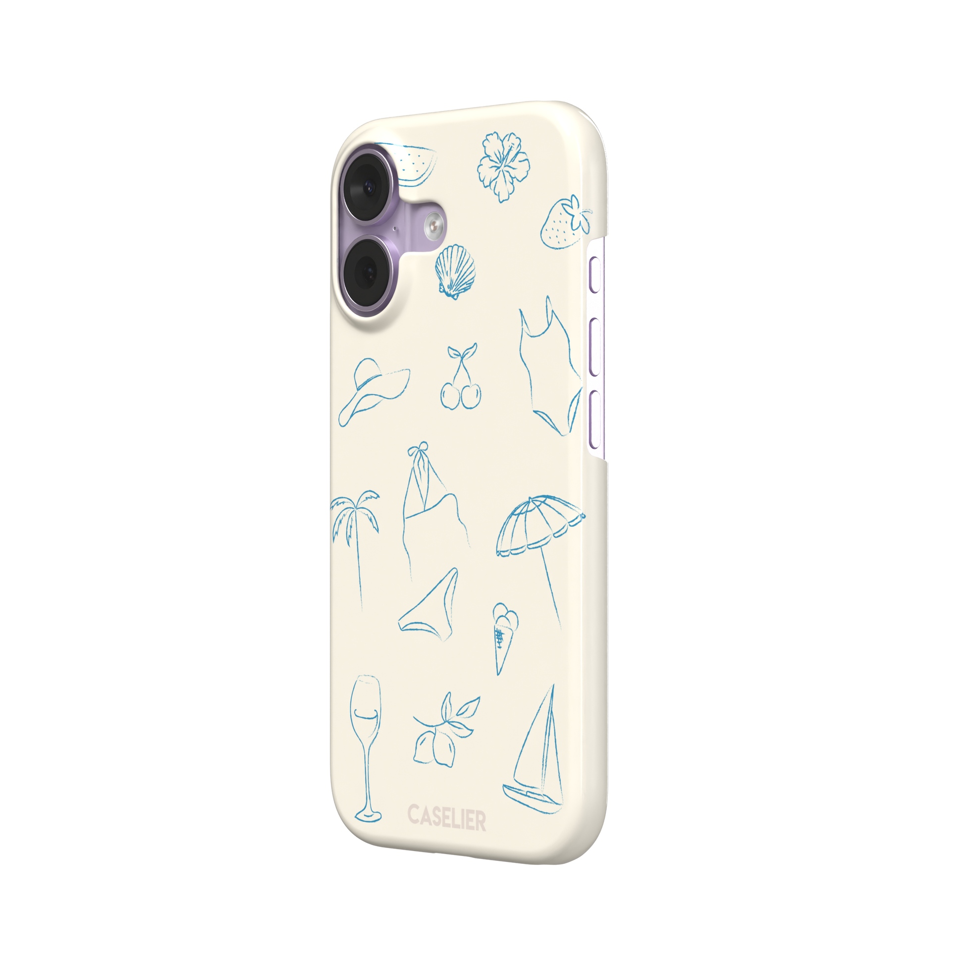 Summer Vibes phone case in all-blue monochrome line-art variant, showing the same beach doodle pattern — hibiscus, sun hat, bikini, wine glass and sailboat — in blue on cream, phone case by Caselier — snap case, right view
