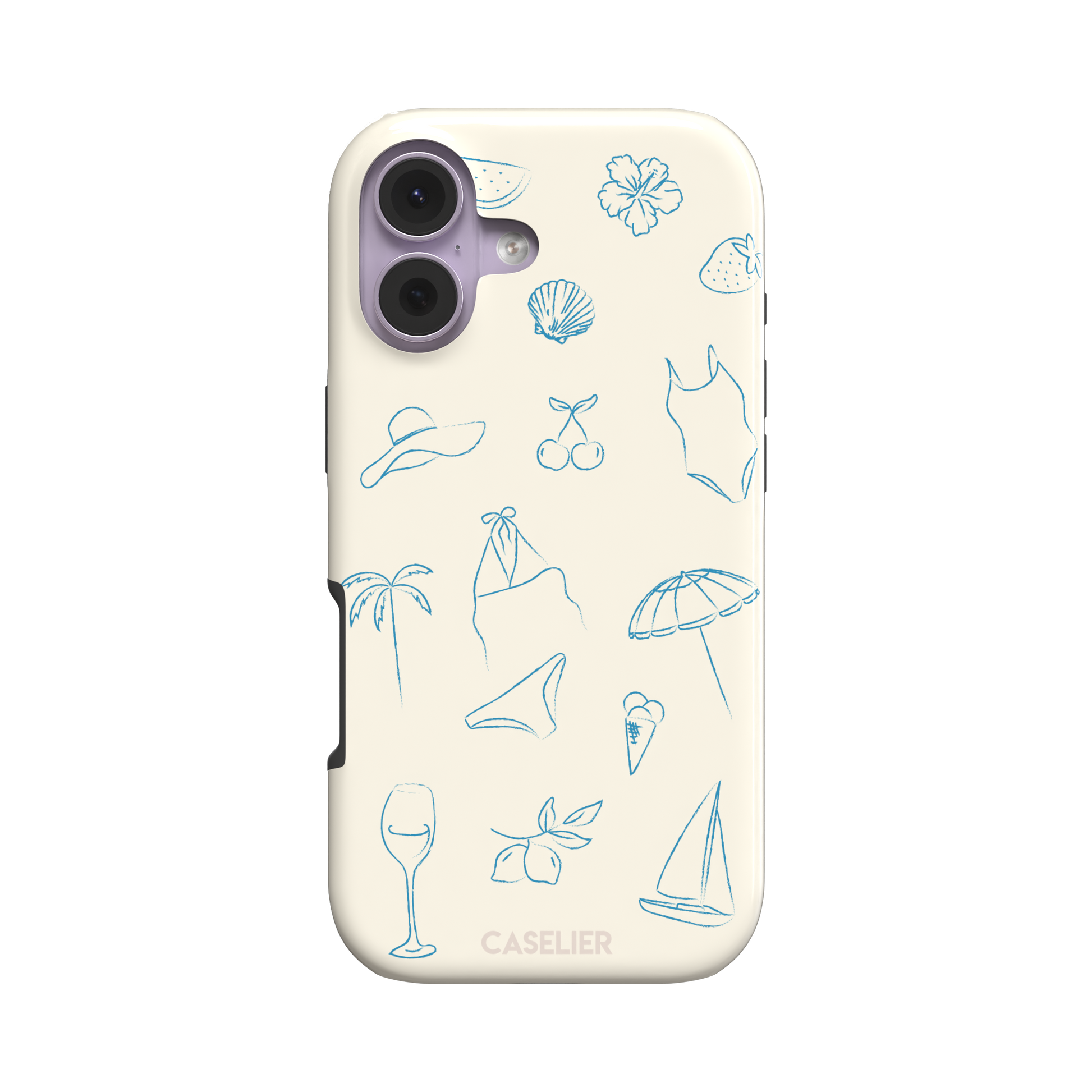 Summer Vibes phone case in all-blue monochrome line-art variant, showing the same beach doodle pattern — hibiscus, sun hat, bikini, wine glass and sailboat — in blue on cream, phone case by Caselier — tough case, front view
