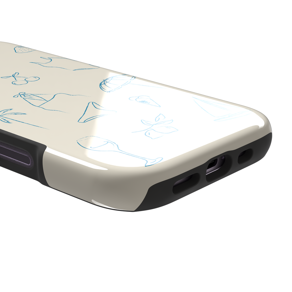 Summer Vibes phone case in all-blue monochrome line-art variant, showing the same beach doodle pattern — hibiscus, sun hat, bikini, wine glass and sailboat — in blue on cream, phone case by Caselier — tough case, charging port detail