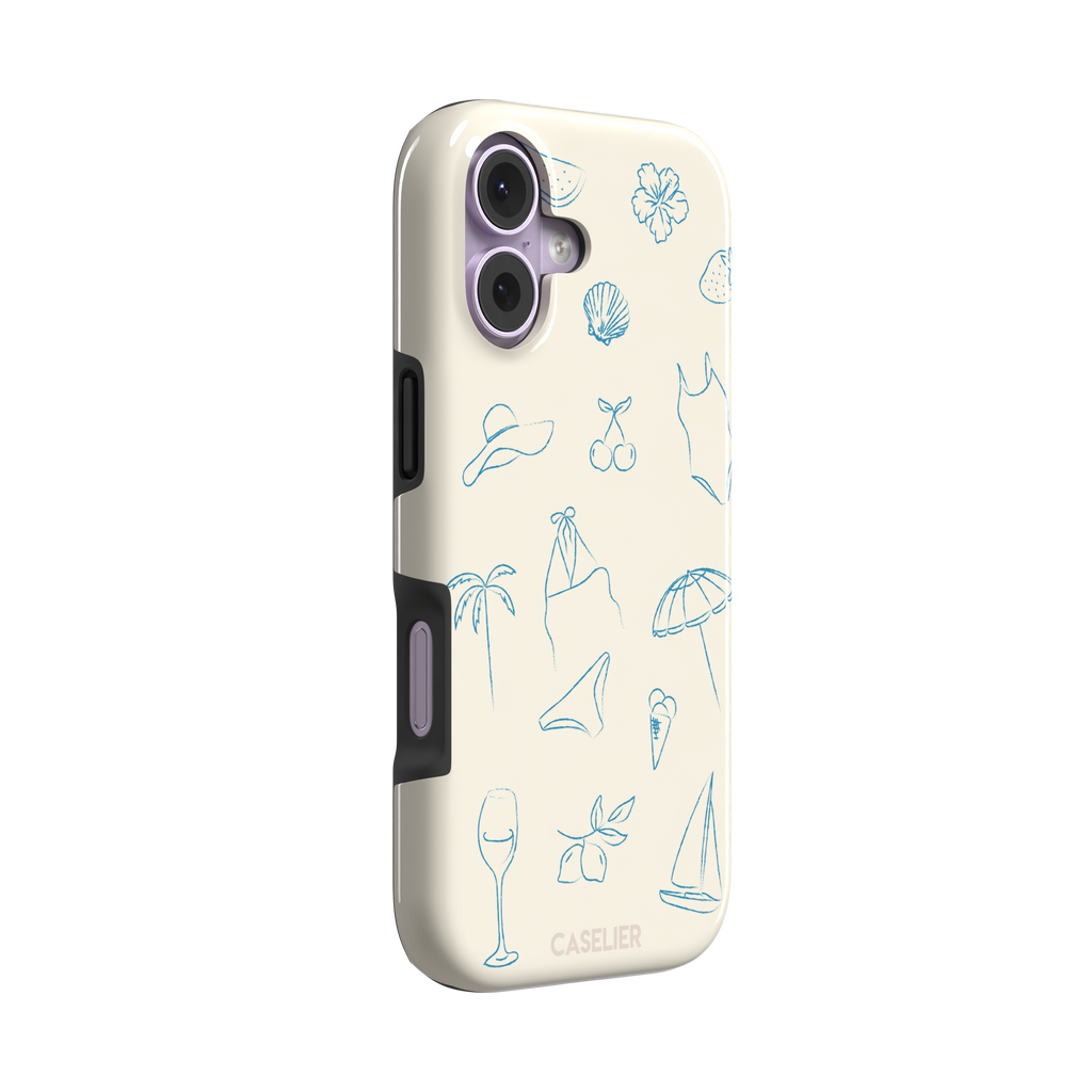 Summer Vibes phone case in all-blue monochrome line-art variant, showing the same beach doodle pattern — hibiscus, sun hat, bikini, wine glass and sailboat — in blue on cream, phone case by Caselier — tough case, left view