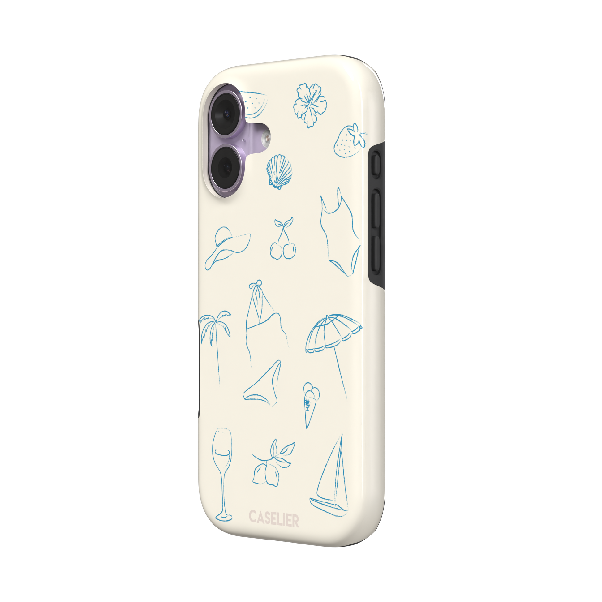 Summer Vibes phone case in all-blue monochrome line-art variant, showing the same beach doodle pattern — hibiscus, sun hat, bikini, wine glass and sailboat — in blue on cream, phone case by Caselier — tough case, right view