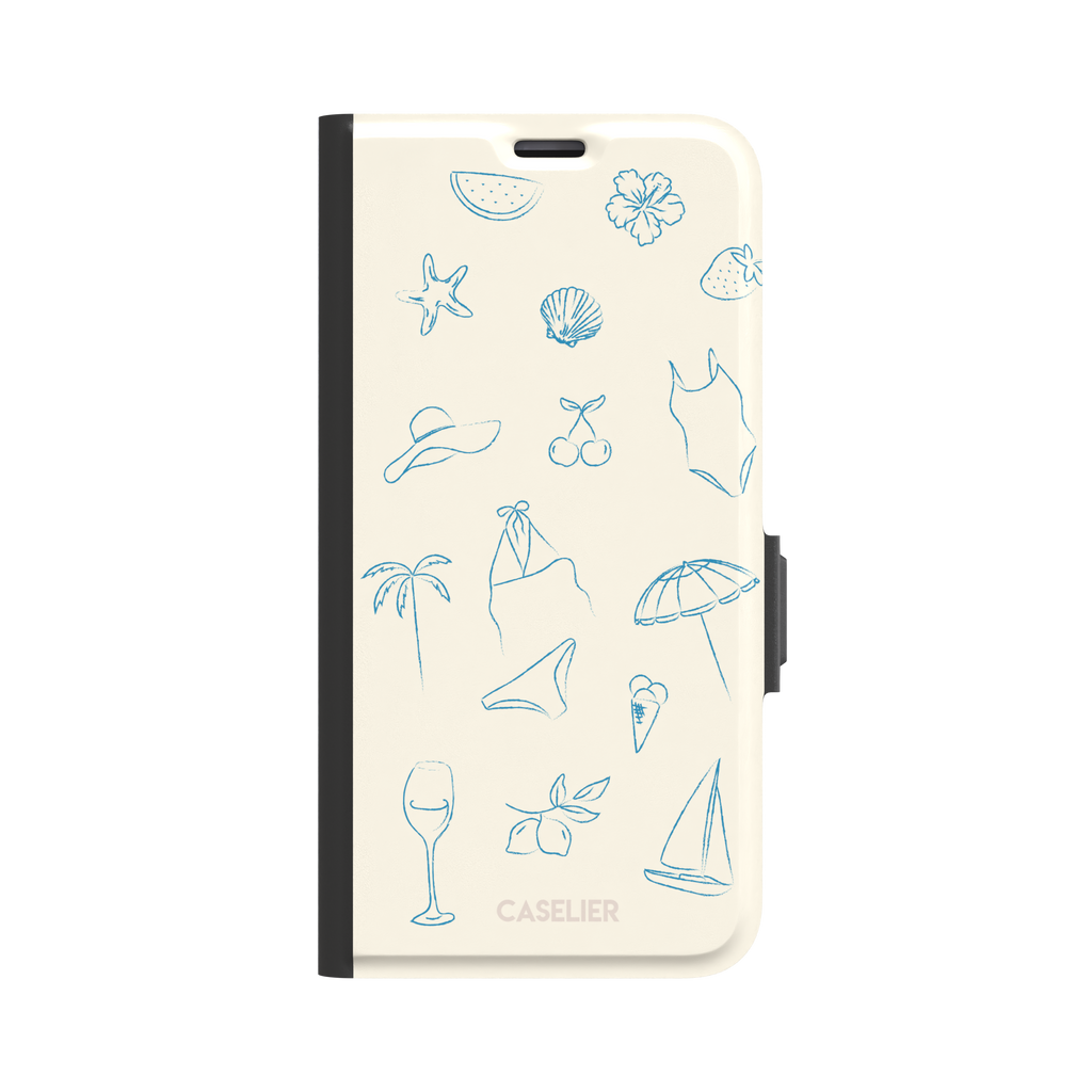 Summer Vibes phone case in all-blue monochrome line-art variant, showing the same beach doodle pattern — hibiscus, sun hat, bikini, wine glass and sailboat — in blue on cream, phone case by Caselier — wallet case, front view