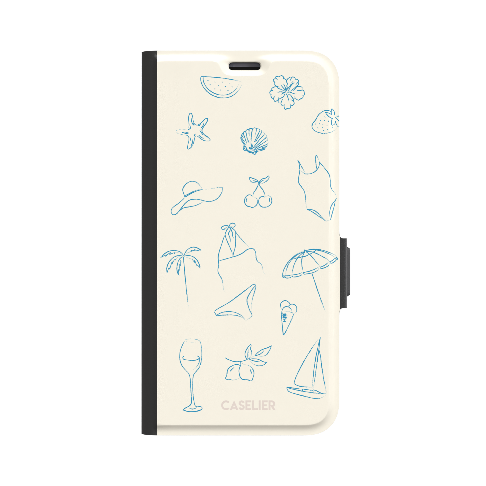 Summer Vibes phone case in all-blue monochrome line-art variant, showing the same beach doodle pattern — hibiscus, sun hat, bikini, wine glass and sailboat — in blue on cream, phone case by Caselier — wallet case, front view
