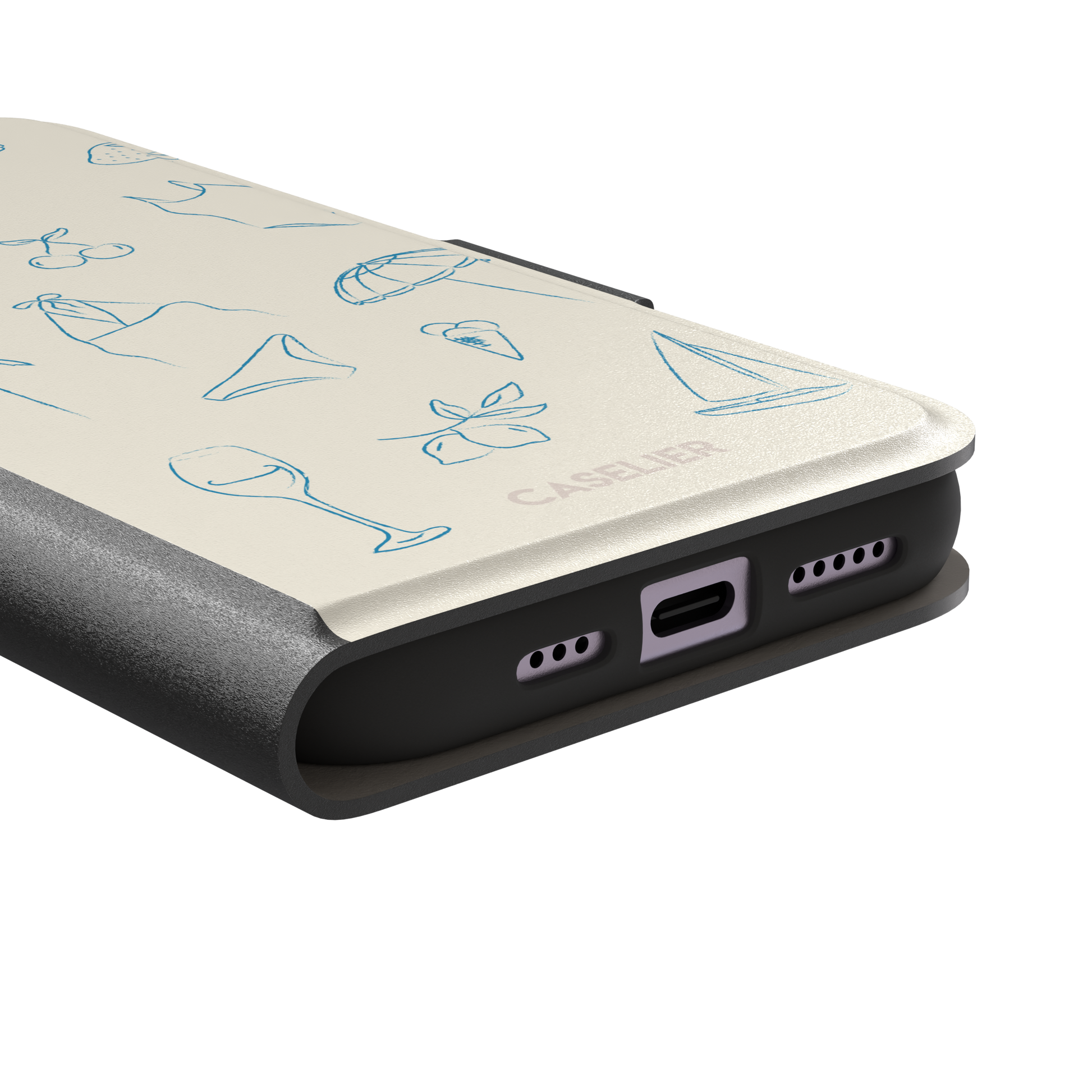 Summer Vibes phone case in all-blue monochrome line-art variant, showing the same beach doodle pattern — hibiscus, sun hat, bikini, wine glass and sailboat — in blue on cream, phone case by Caselier — wallet case, charging port detail