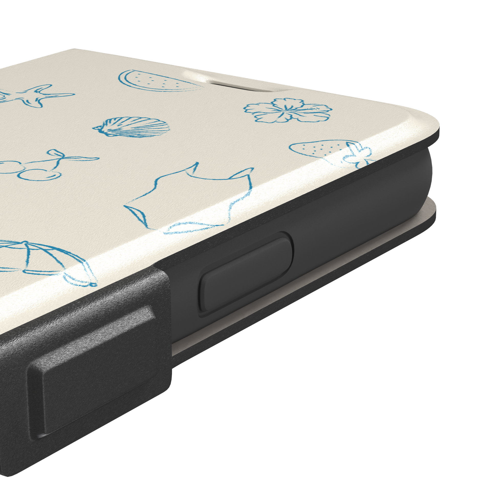 Summer Vibes phone case in all-blue monochrome line-art variant, showing the same beach doodle pattern — hibiscus, sun hat, bikini, wine glass and sailboat — in blue on cream, phone case by Caselier — wallet case, volume buttons detail