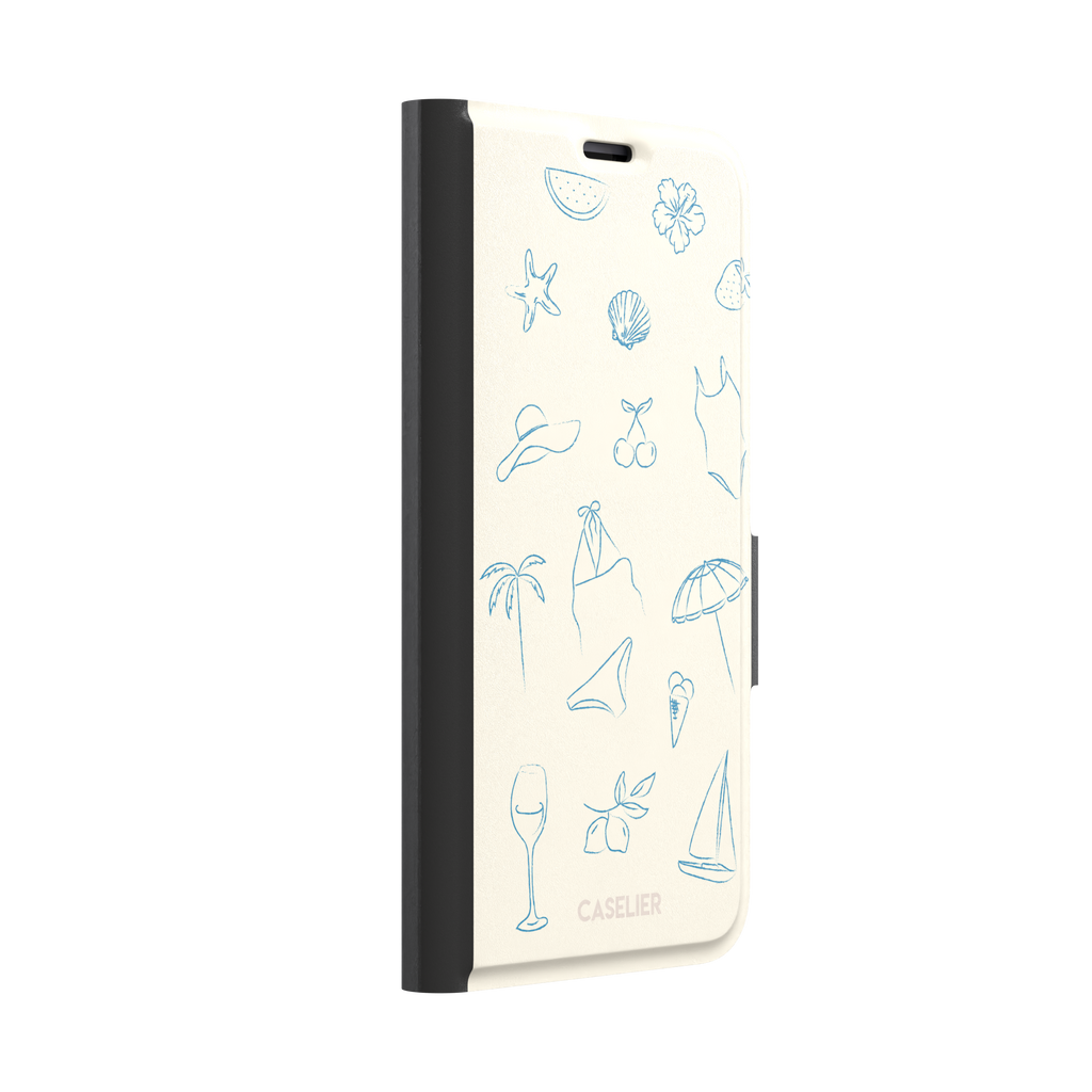 Summer Vibes phone case in all-blue monochrome line-art variant, showing the same beach doodle pattern — hibiscus, sun hat, bikini, wine glass and sailboat — in blue on cream, phone case by Caselier — wallet case, left view
