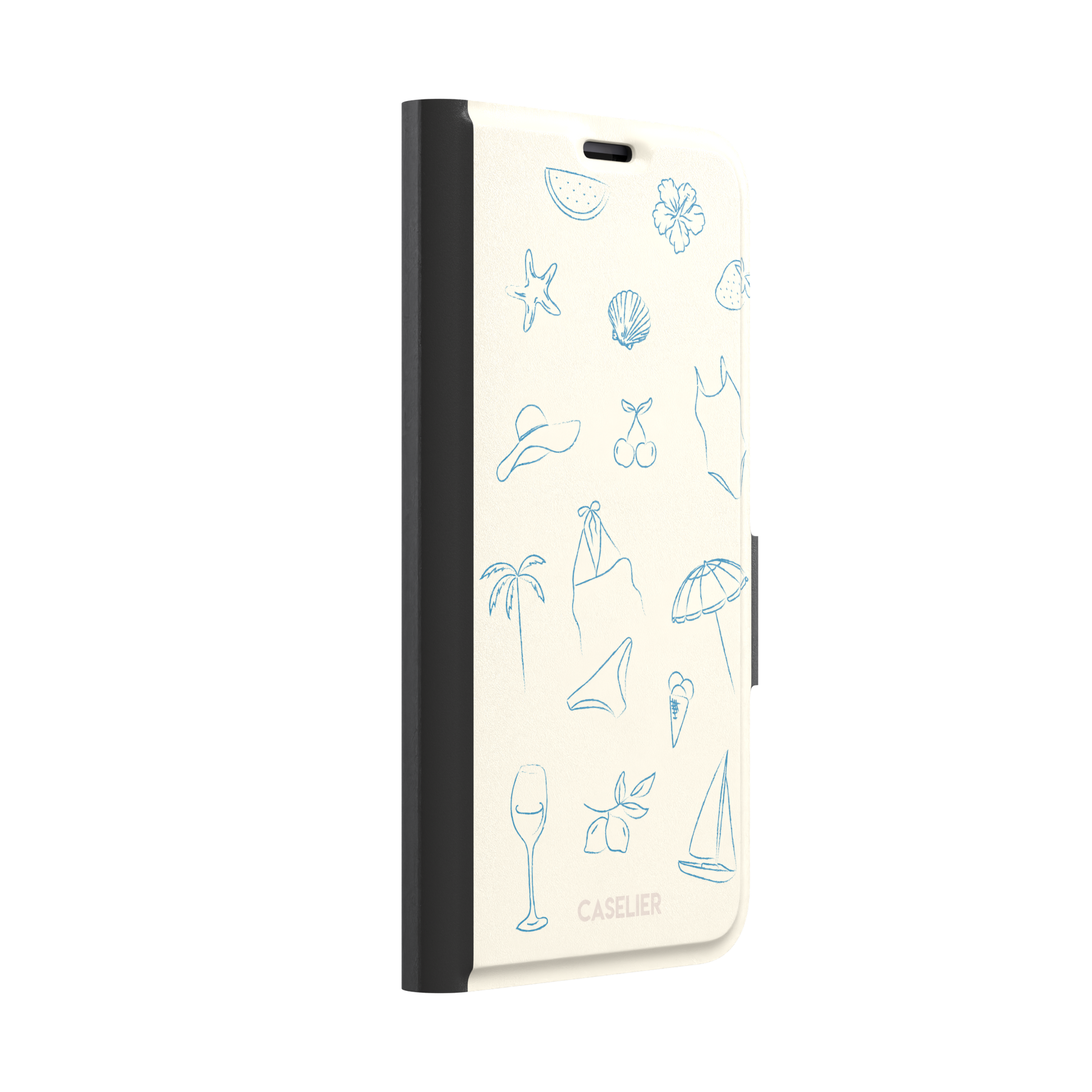 Summer Vibes phone case in all-blue monochrome line-art variant, showing the same beach doodle pattern — hibiscus, sun hat, bikini, wine glass and sailboat — in blue on cream, phone case by Caselier — wallet case, left view