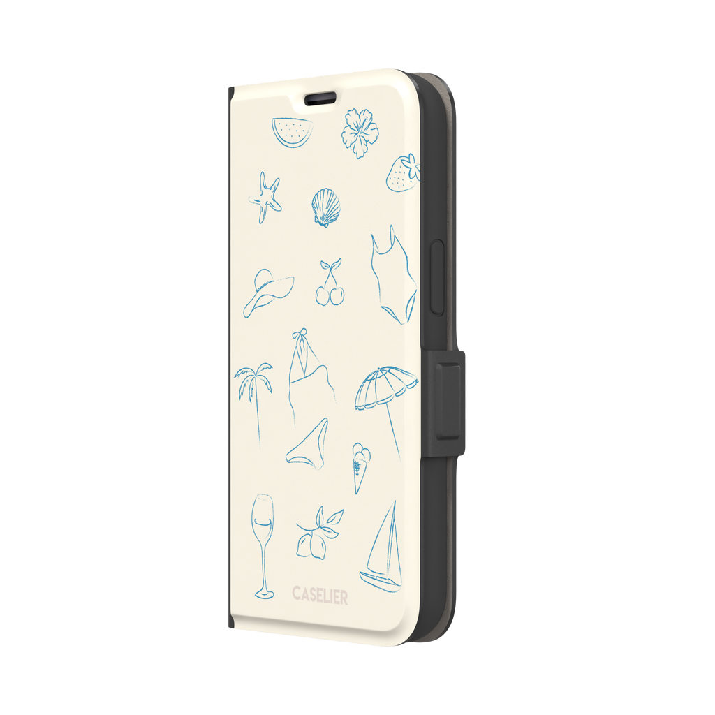 Summer Vibes phone case in all-blue monochrome line-art variant, showing the same beach doodle pattern — hibiscus, sun hat, bikini, wine glass and sailboat — in blue on cream, phone case by Caselier — wallet case, right view
