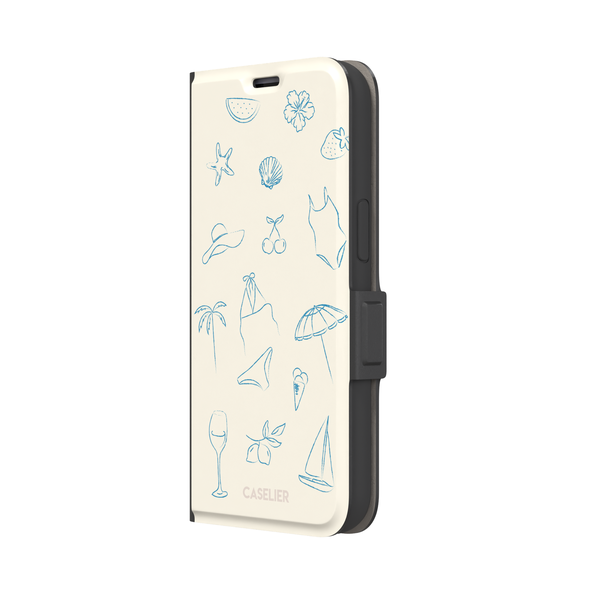 Summer Vibes phone case in all-blue monochrome line-art variant, showing the same beach doodle pattern — hibiscus, sun hat, bikini, wine glass and sailboat — in blue on cream, phone case by Caselier — wallet case, right view