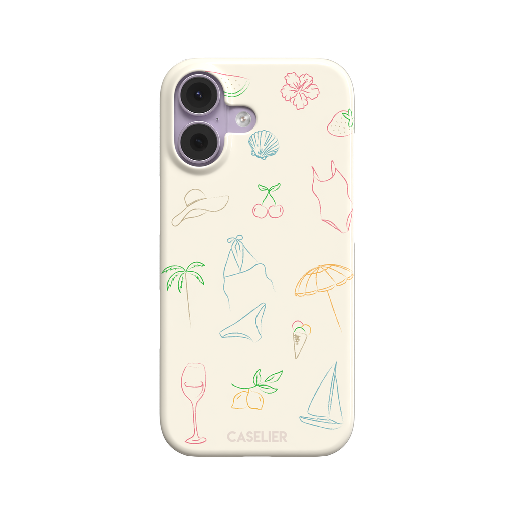 Summer Vibes phone case with multicolor pastel line-art doodles of beach icons including bikini, palm tree, sailboat and cherries on a cream background, phone case by Caselier — snap case, front view