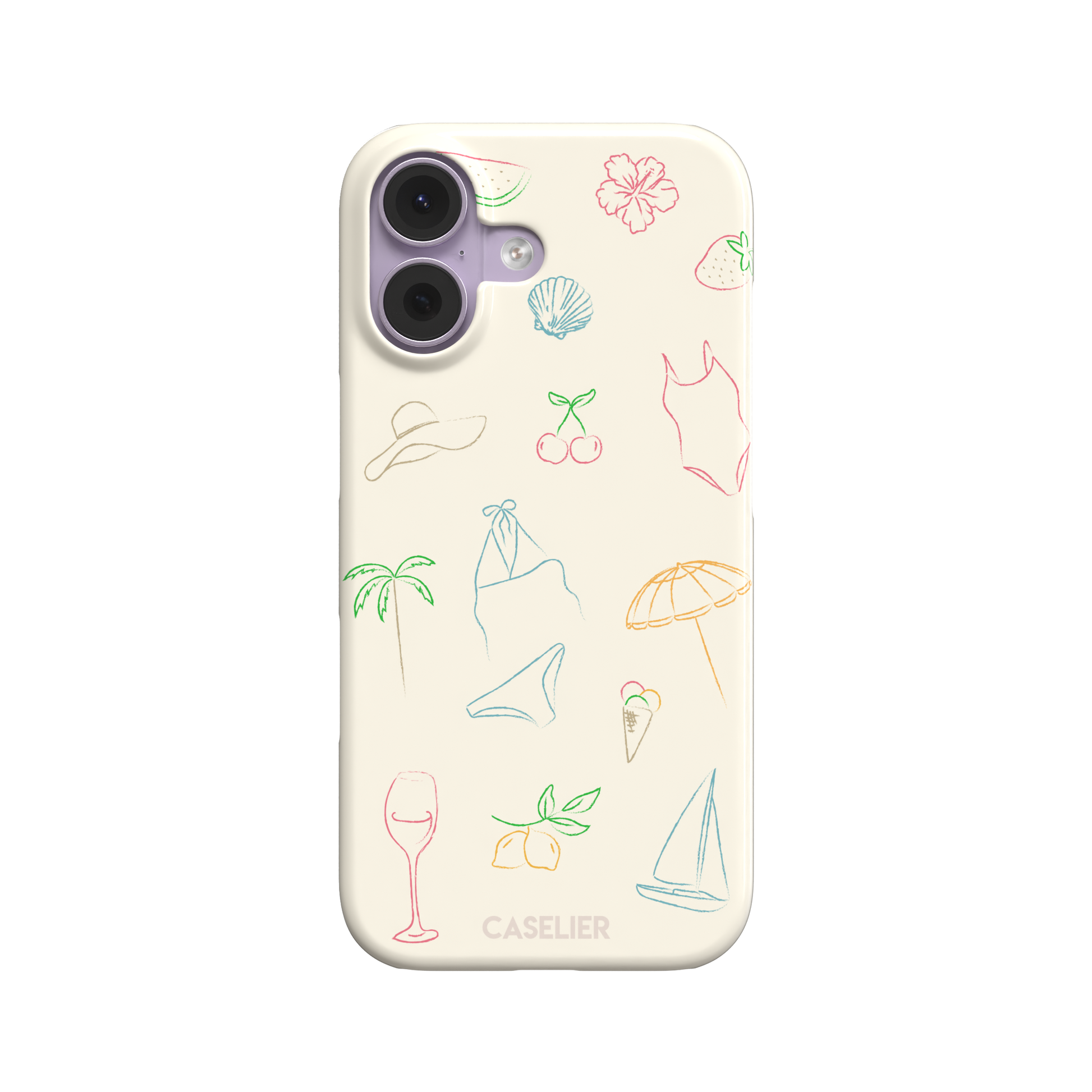 Summer Vibes phone case with multicolor pastel line-art doodles of beach icons including bikini, palm tree, sailboat and cherries on a cream background, phone case by Caselier — snap case, front view