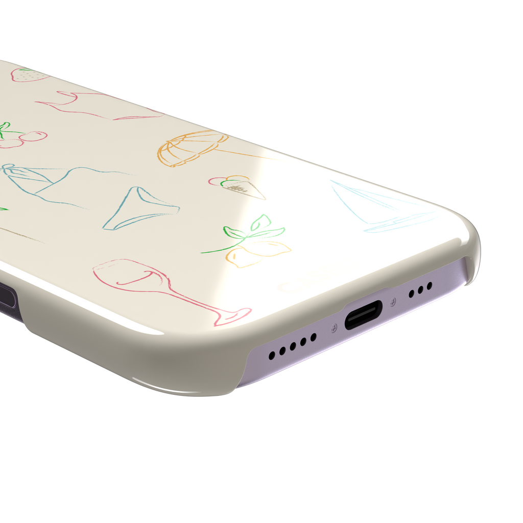 Summer Vibes phone case with multicolor pastel line-art doodles of beach icons including bikini, palm tree, sailboat and cherries on a cream background, phone case by Caselier — snap case, charging port detail
