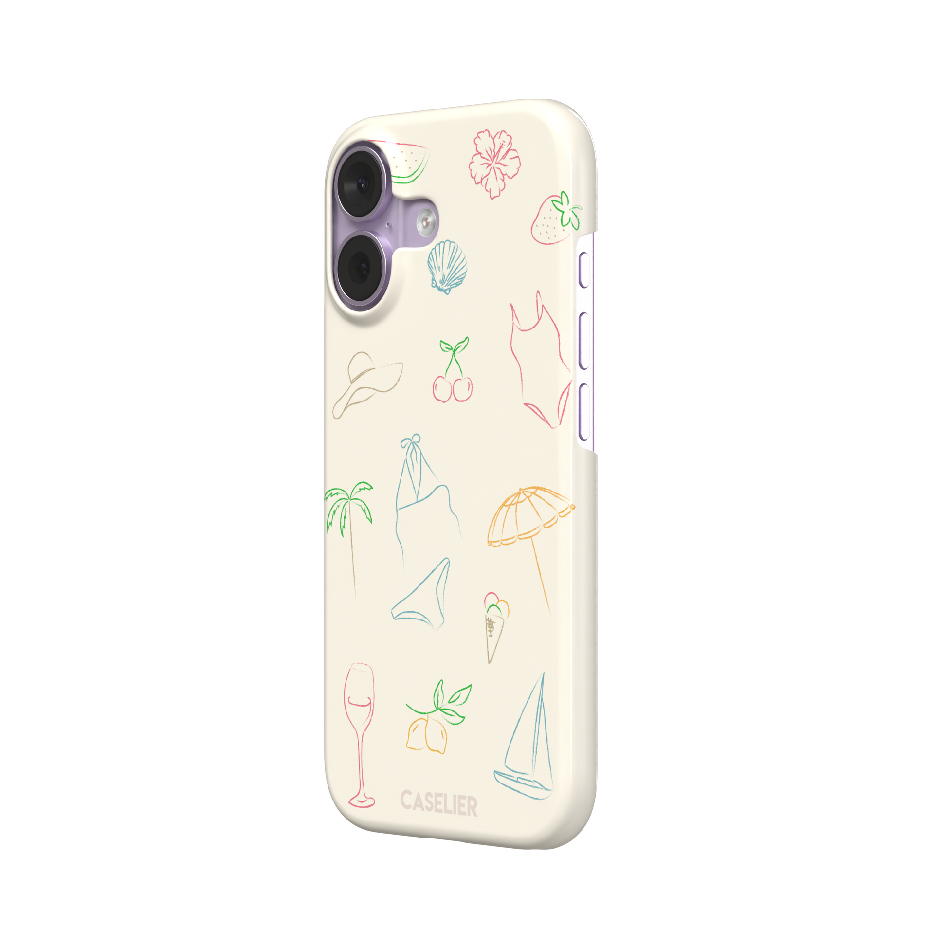 Summer Vibes phone case with multicolor pastel line-art doodles of beach icons including bikini, palm tree, sailboat and cherries on a cream background, phone case by Caselier — snap case, right view