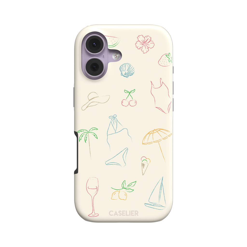 Summer Vibes phone case with multicolor pastel line-art doodles of beach icons including bikini, palm tree, sailboat and cherries on a cream background, phone case by Caselier — tough case, front view