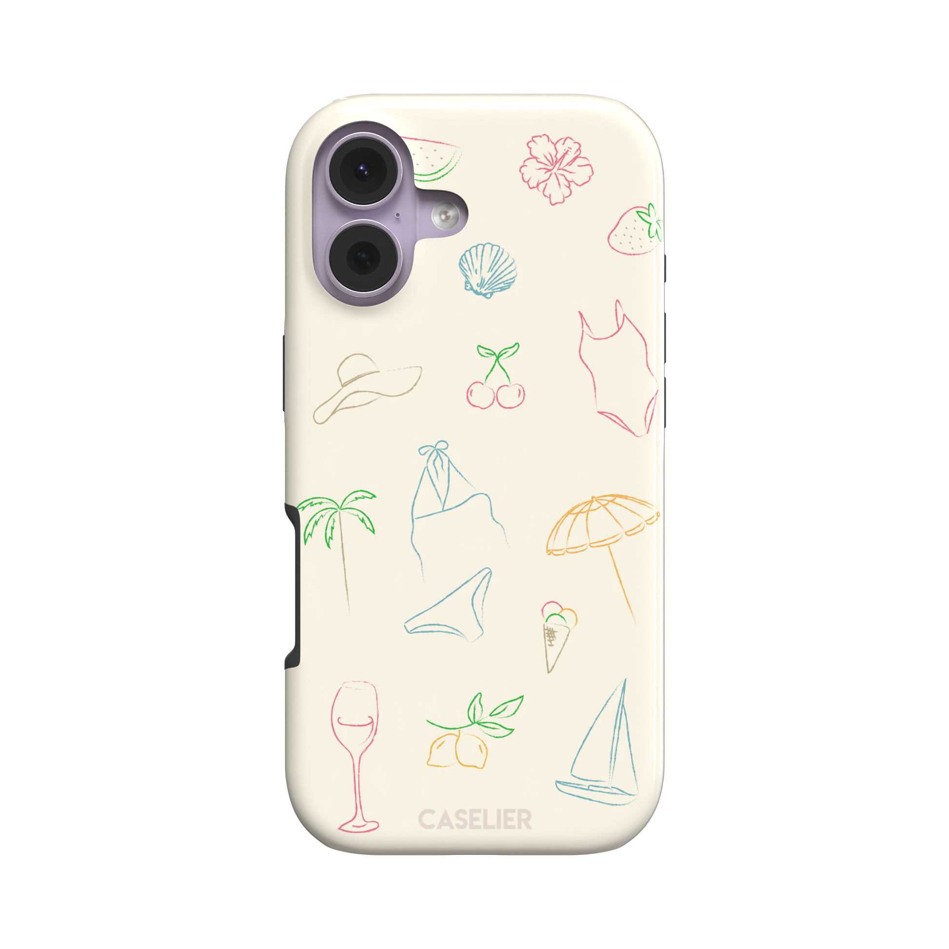 Summer Vibes phone case with multicolor pastel line-art doodles of beach icons including bikini, palm tree, sailboat and cherries on a cream background, phone case by Caselier — tough case, front view