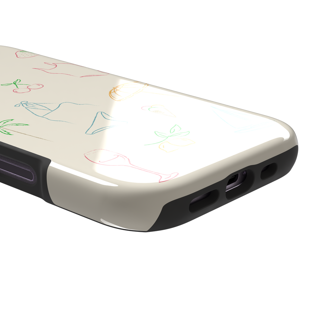 Summer Vibes phone case with multicolor pastel line-art doodles of beach icons including bikini, palm tree, sailboat and cherries on a cream background, phone case by Caselier — tough case, charging port detail