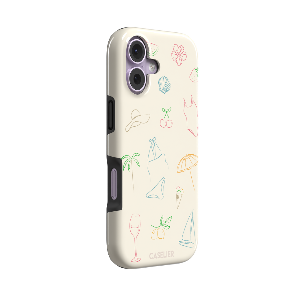 Summer Vibes phone case with multicolor pastel line-art doodles of beach icons including bikini, palm tree, sailboat and cherries on a cream background, phone case by Caselier — tough case, left view
