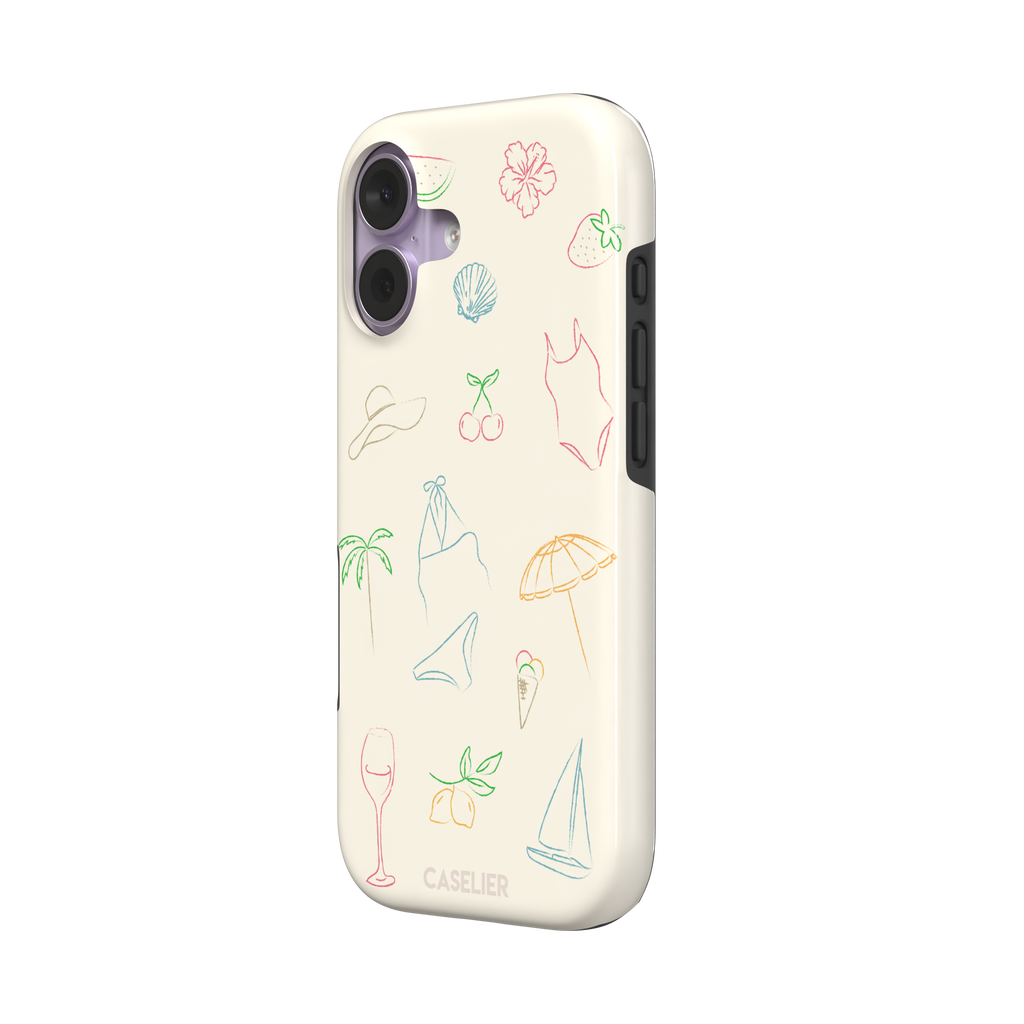 Summer Vibes phone case with multicolor pastel line-art doodles of beach icons including bikini, palm tree, sailboat and cherries on a cream background, phone case by Caselier — tough case, right view