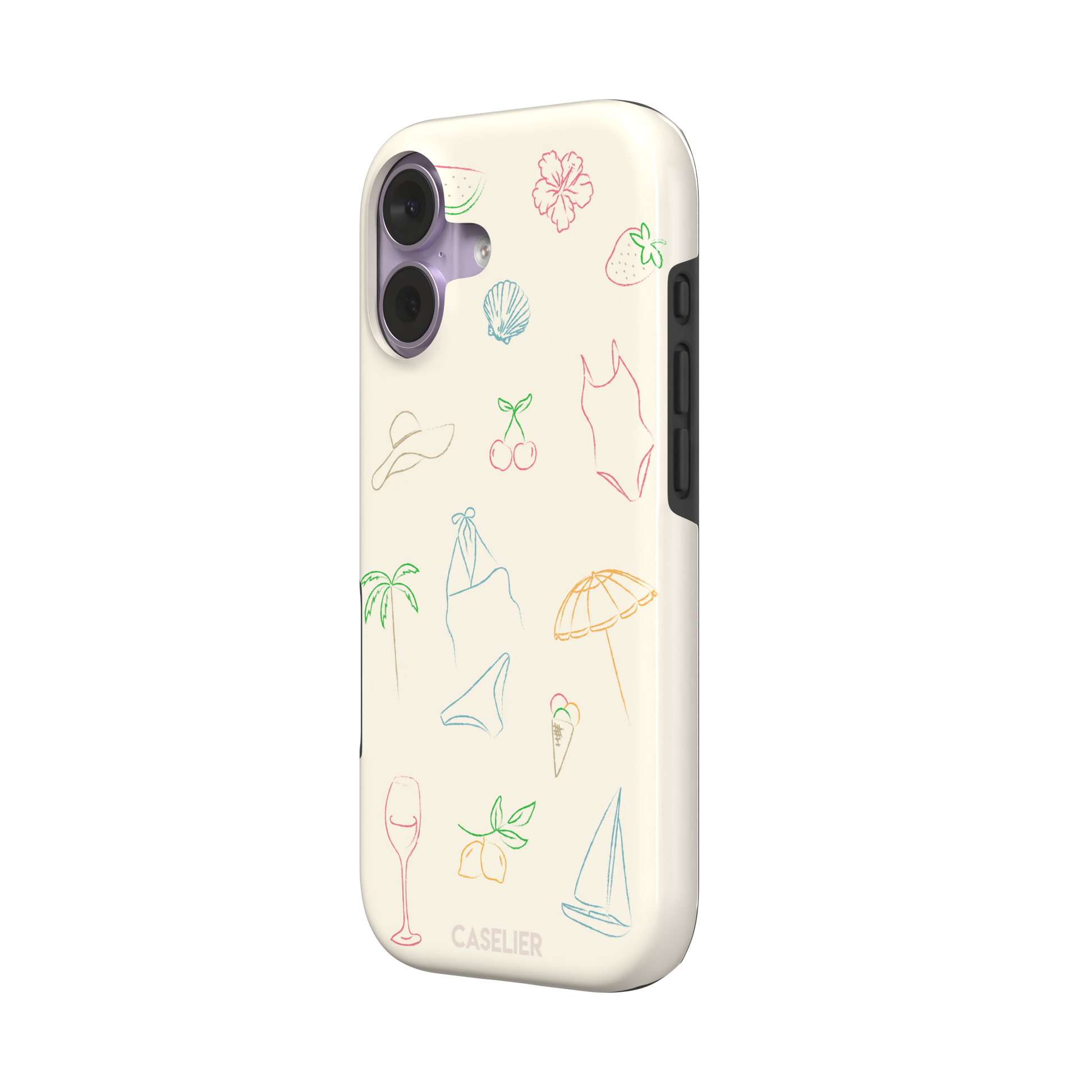 Summer Vibes phone case with multicolor pastel line-art doodles of beach icons including bikini, palm tree, sailboat and cherries on a cream background, phone case by Caselier — tough case, right view