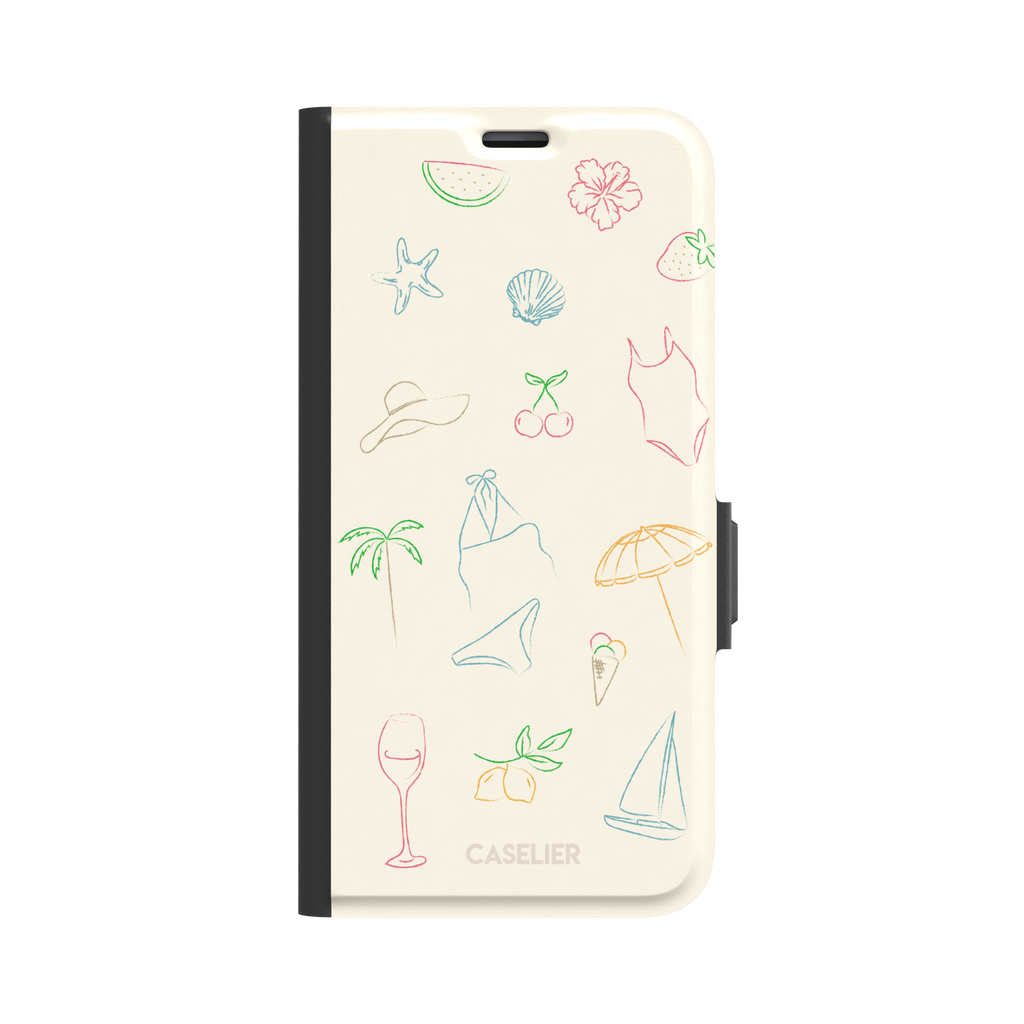 Summer Vibes phone case with multicolor pastel line-art doodles of beach icons including bikini, palm tree, sailboat and cherries on a cream background, phone case by Caselier — wallet case, front view